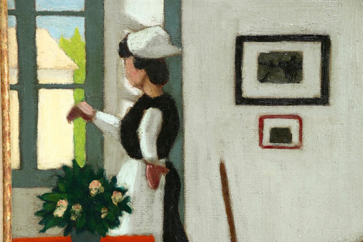 Bonne a la fenetre - Post Impressionist Oil, Figure in Interior by M Borgeaud 1