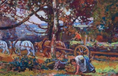 Logging in the Dales - Post Impressionist Gouache, Horses in Landscape - S Royle