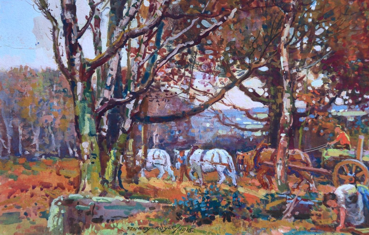 Logging in the Dales - Post Impressionist Gouache, Horses in Landscape - S Royle - Gray Animal Painting by Stanley Royle
