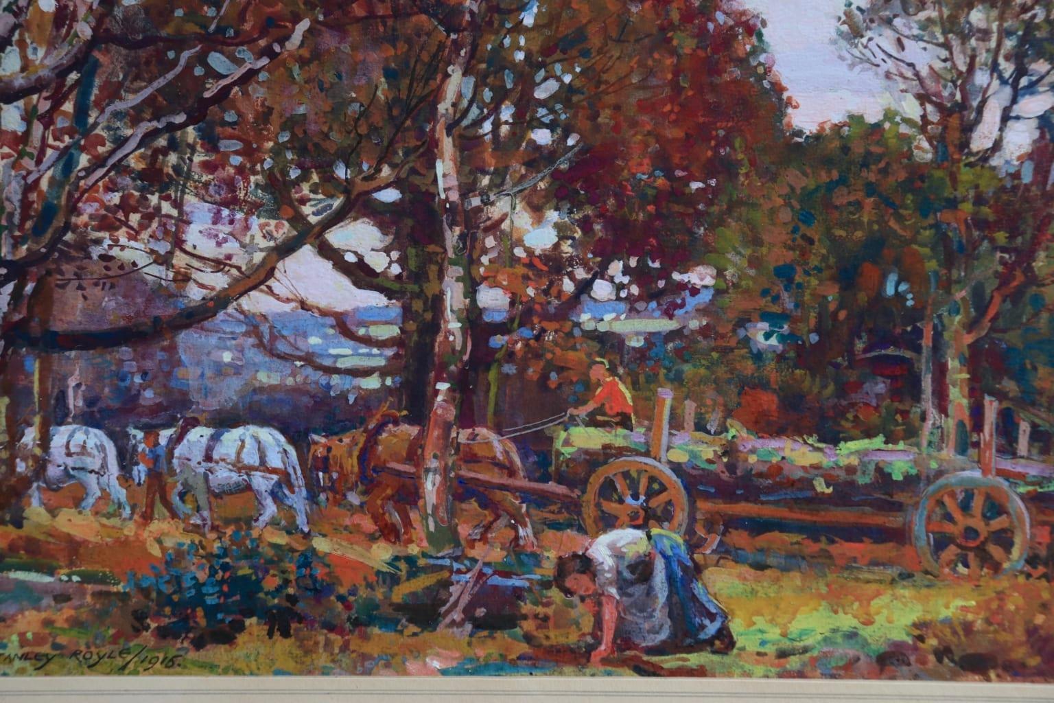 A beautiful and colourful gouache on board by English Post-Impressionist painter Stanley Royle, depicting workers with horse and carts collecting logs on an autumn day in the Yorkshire Dales. Signed and dated 1916 lower left.

Dimensions:
Unframed: