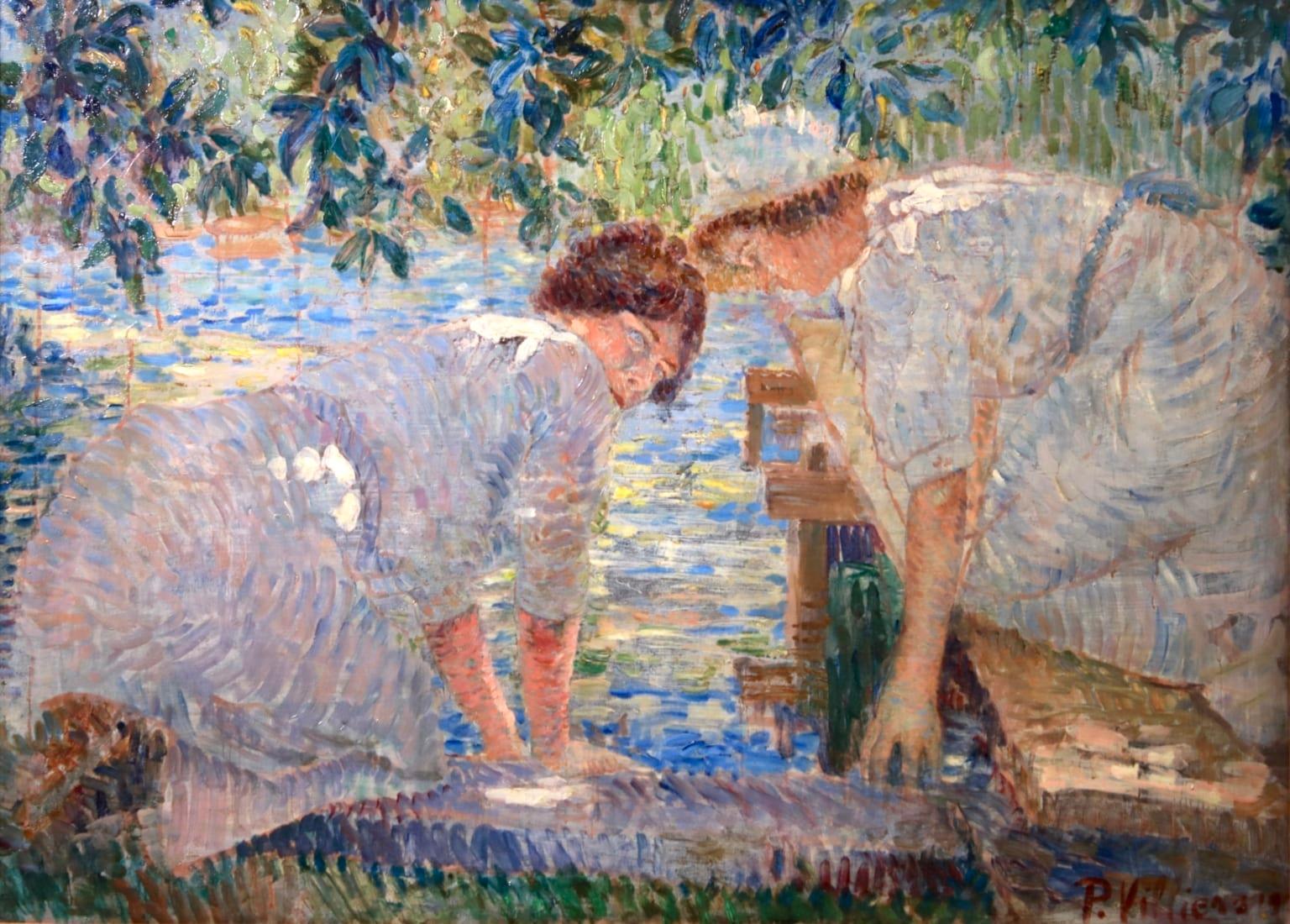 Paul Edmond Villiers Figurative Painting - Lavandieres - Impressionist Oil, Women by River in Landscape by Paul Villiers
