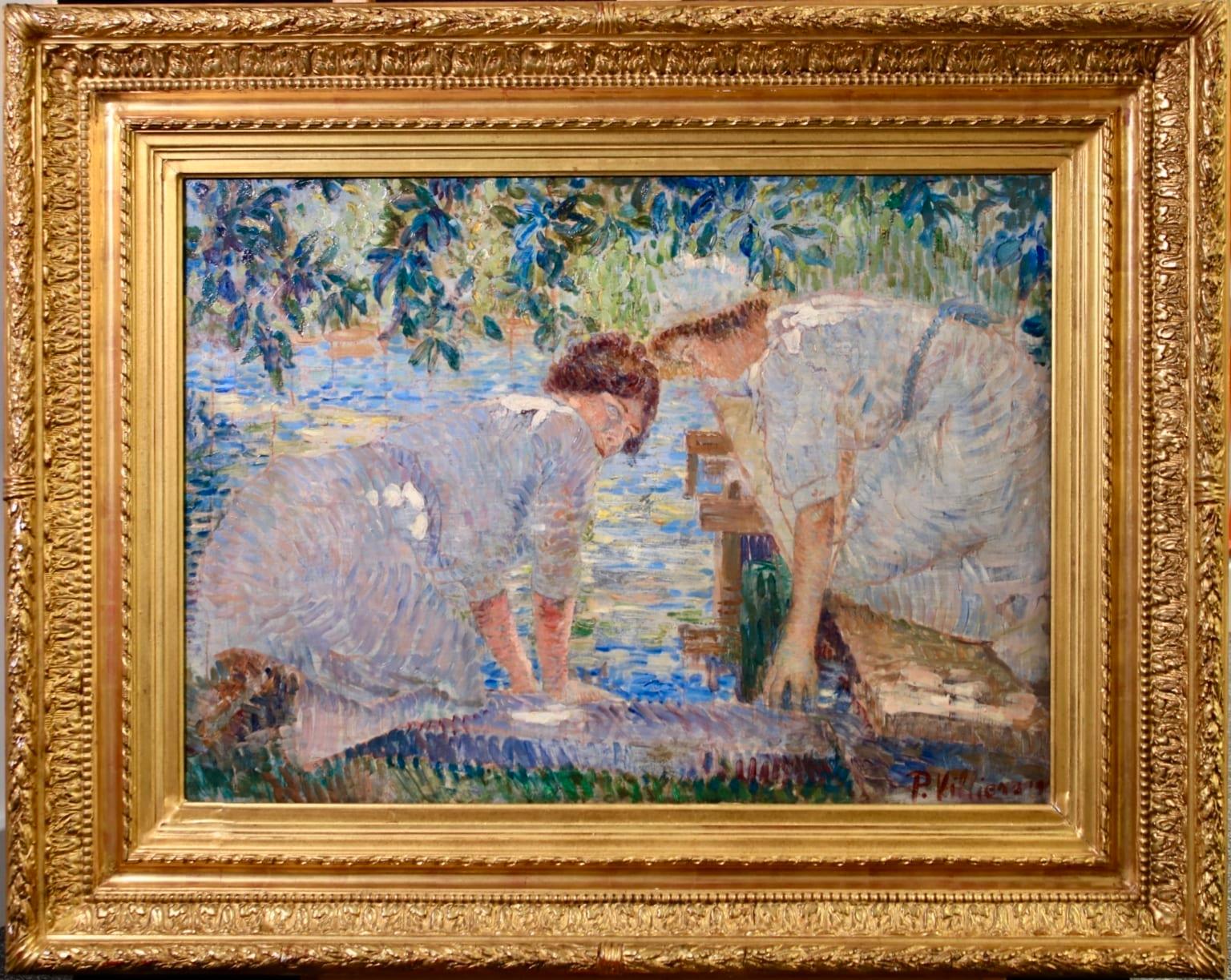 Lavandieres - Impressionist Oil, Women by River in Landscape by Paul Villiers - Painting by Paul Edmond Villiers