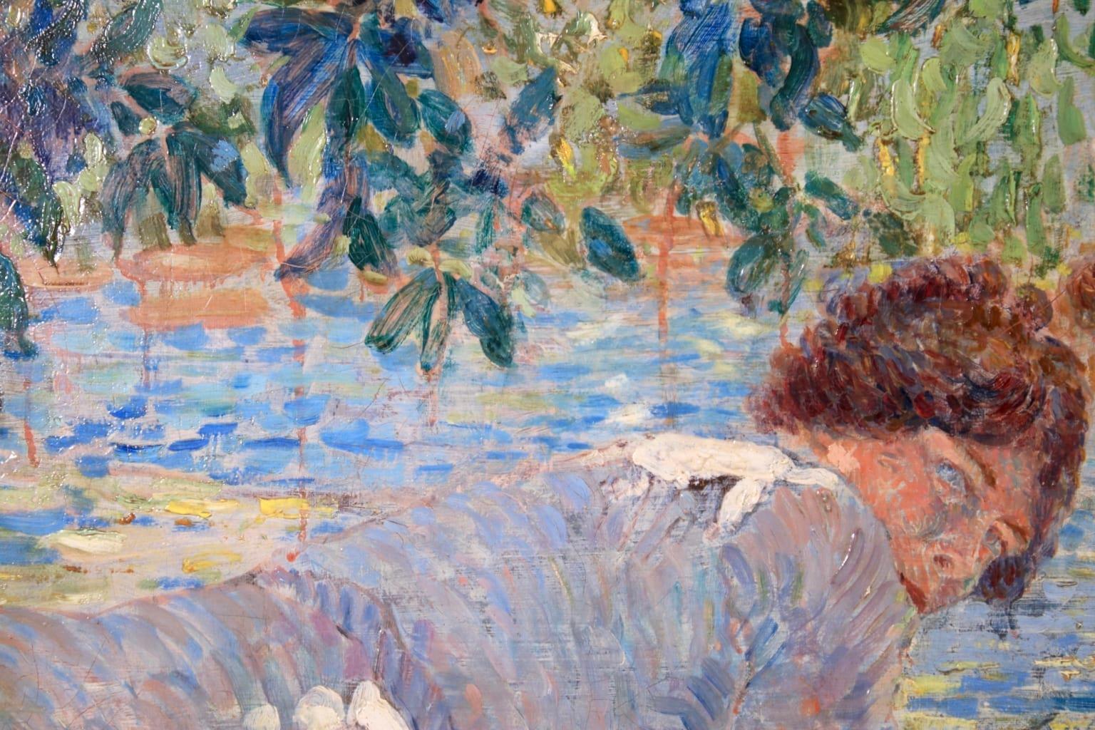 Lavandieres - Impressionist Oil, Women by River in Landscape by Paul Villiers - Gray Figurative Painting by Paul Edmond Villiers