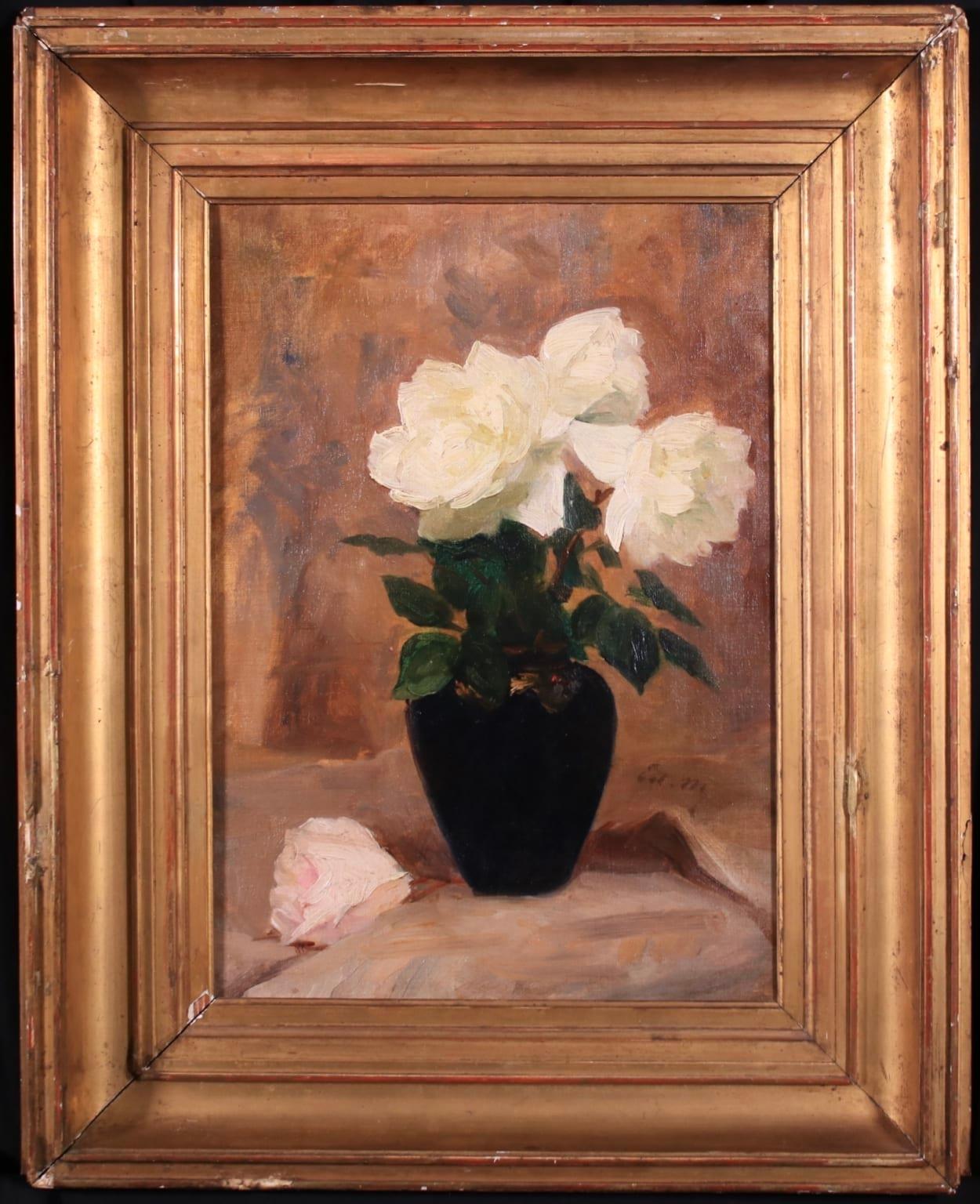 Roses Blanches - Impressionist Oil, Still Life White Flowers, Circle of E Manet - Painting by Edouard Manet