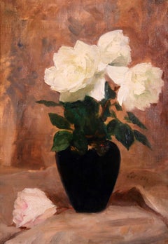 Roses Blanches - Impressionist Oil, Still Life White Flowers, Circle of E Manet