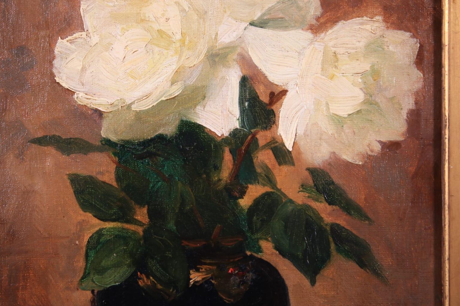 Roses Blanches - Impressionist Oil, Still Life White Flowers, Circle of E Manet - Brown Interior Painting by Edouard Manet
