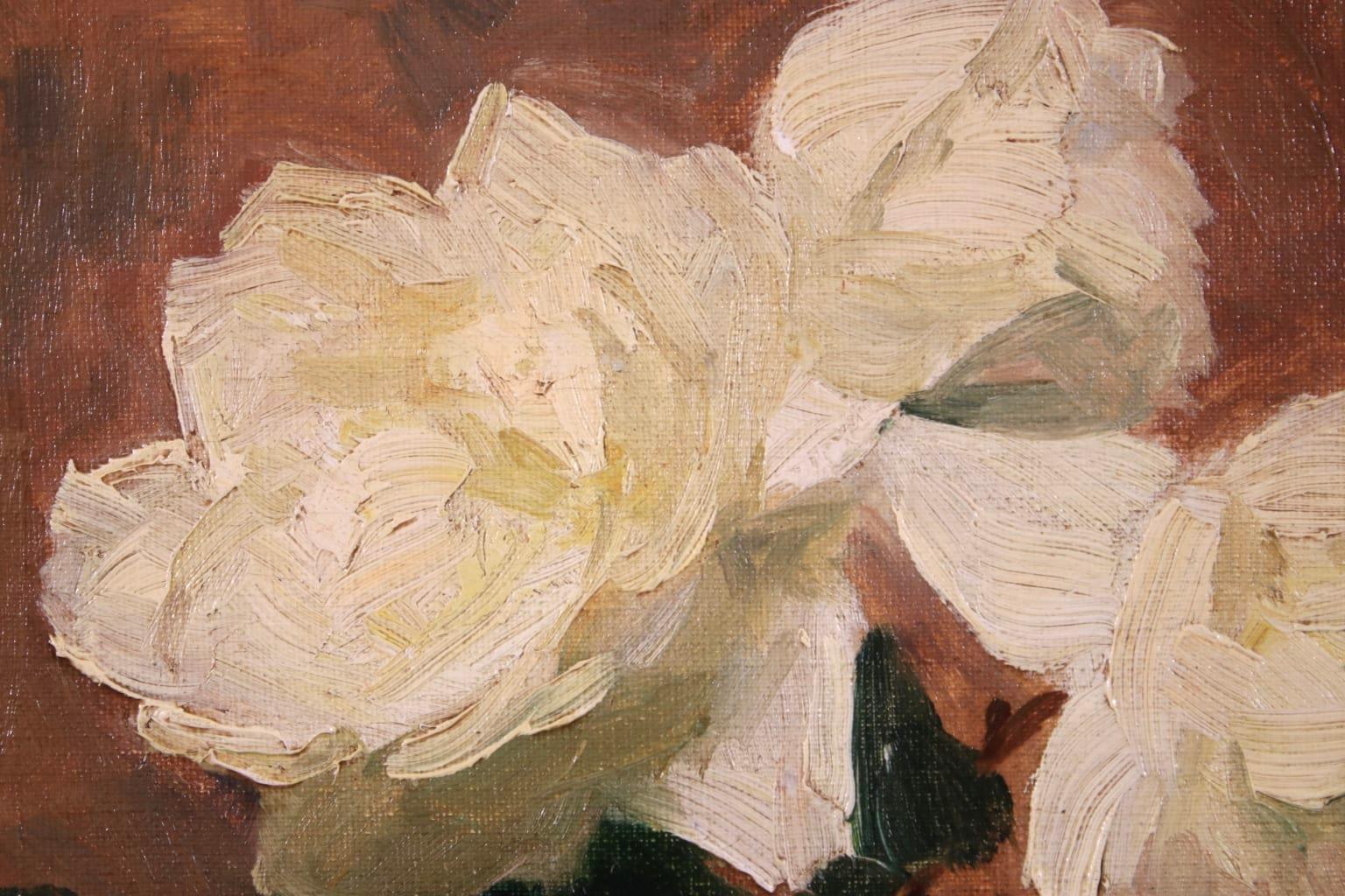 Roses Blanches - Impressionist Oil, Still Life White Flowers, Circle of E Manet 1
