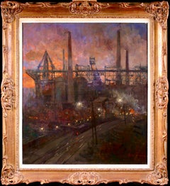 Blast Furnaces - Night - Realist Oil, Industrial Cityscape by Oswald Poreau