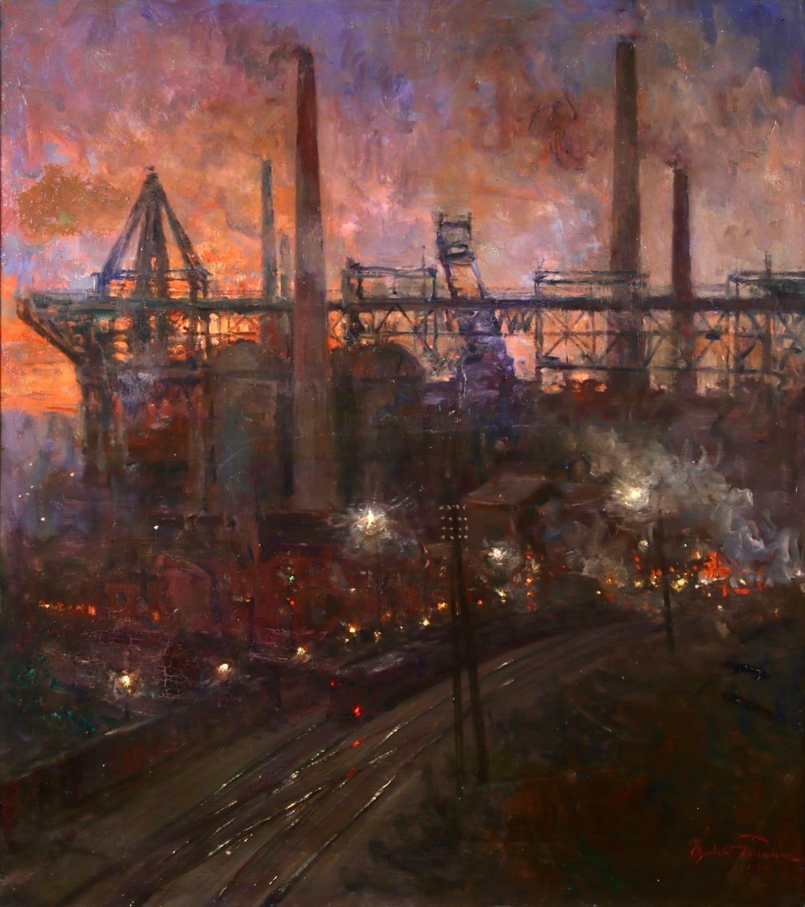 A stunning oil on canvas by Belgian Realist painter Oswald Poreau, depicting a train pulled into an industrial works at night. Smoke bellows from the chimney stacks and the dark blue night sky is alight with the orange glow of the