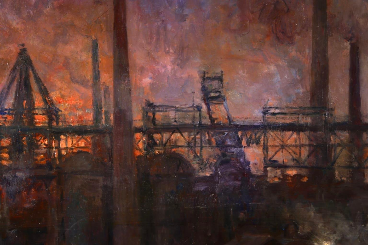 Blast Furnaces - Night - Realist Oil, Industrial Cityscape by Oswald Poreau 1