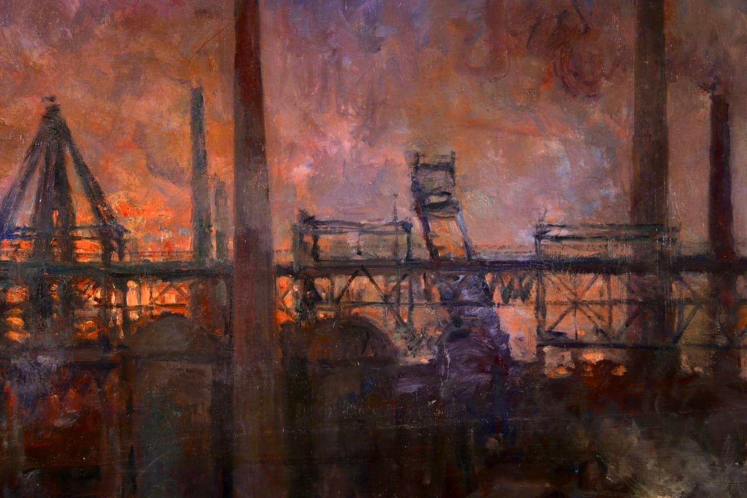 Blast Furnaces - Night - Realist Oil, Industrial Cityscape by Oswald Poreau 3
