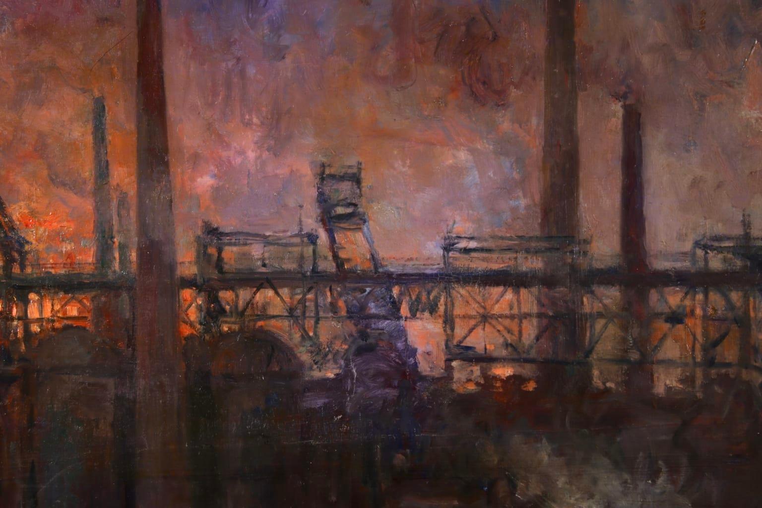 Blast Furnaces - Night - Realist Oil, Industrial Cityscape by Oswald Poreau 4