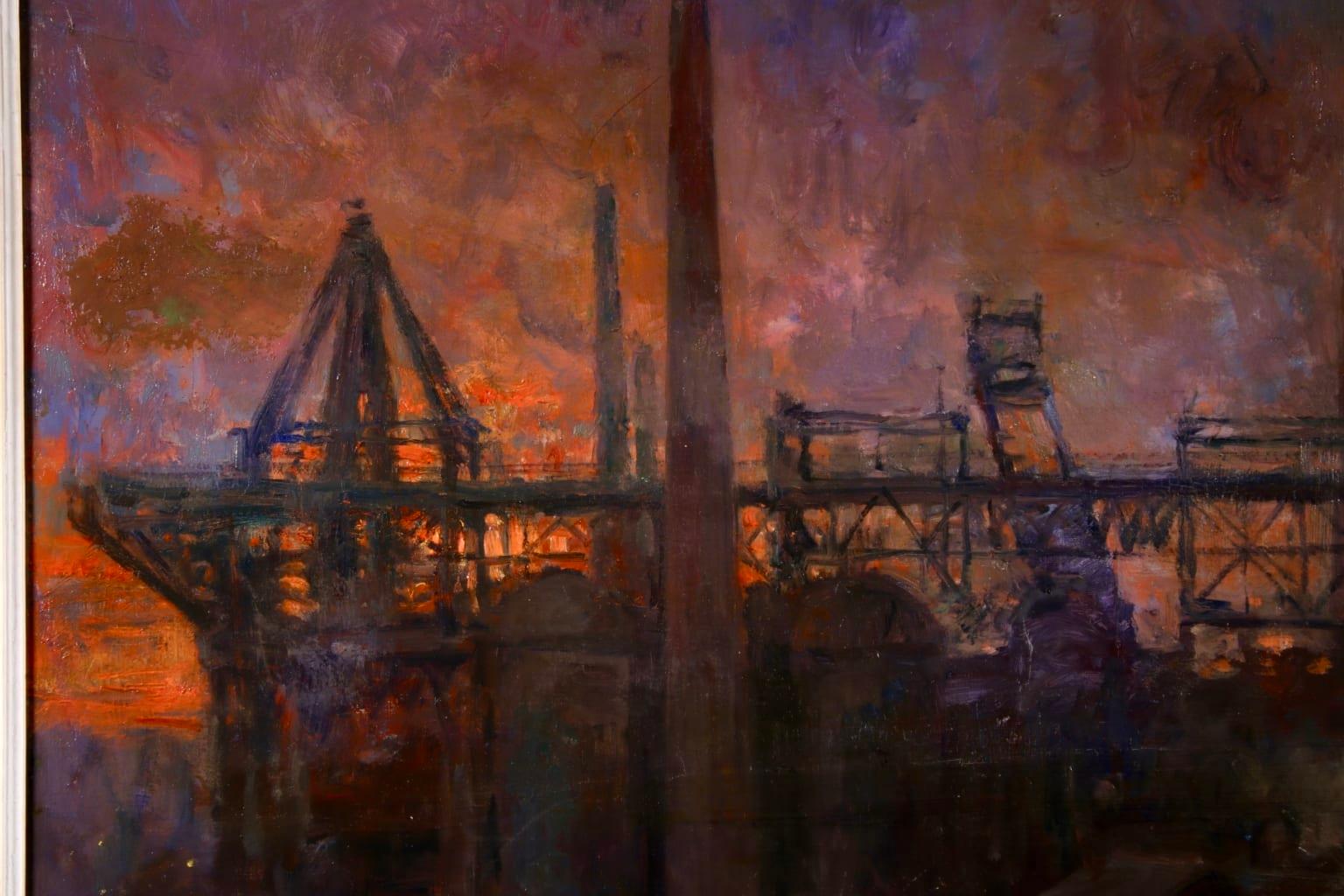Blast Furnaces - Night - Realist Oil, Industrial Cityscape by Oswald Poreau 7
