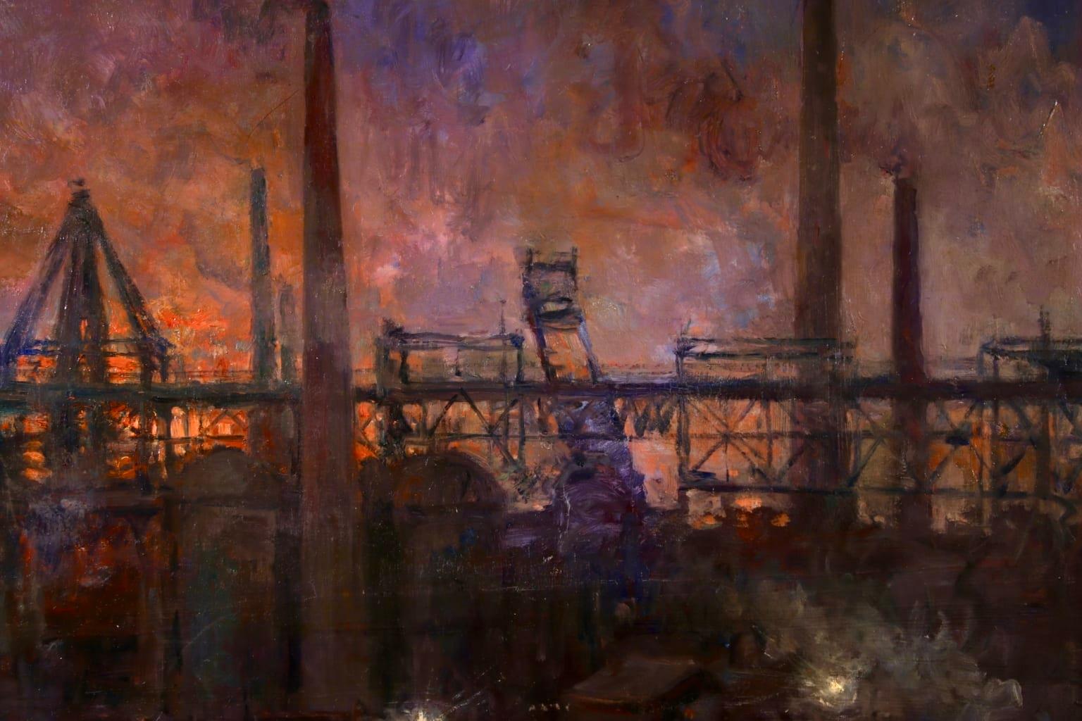 Blast Furnaces - Night - Realist Oil, Industrial Cityscape by Oswald Poreau 8