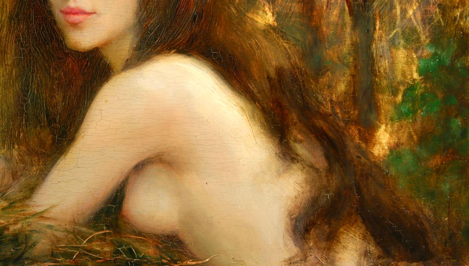 A beautiful oil on panel by French portrait painter Leon Printemps depicting the head and shoulders portrait of a nude nymph in a forest. Her long brunette hair flows down her back and her blue eyes are staring into the distance.

Signature:
Signed
