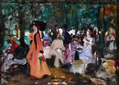 Antique Elegantes au Parc - Impressionist Oil, Figures in Landscape by Lucien Simon