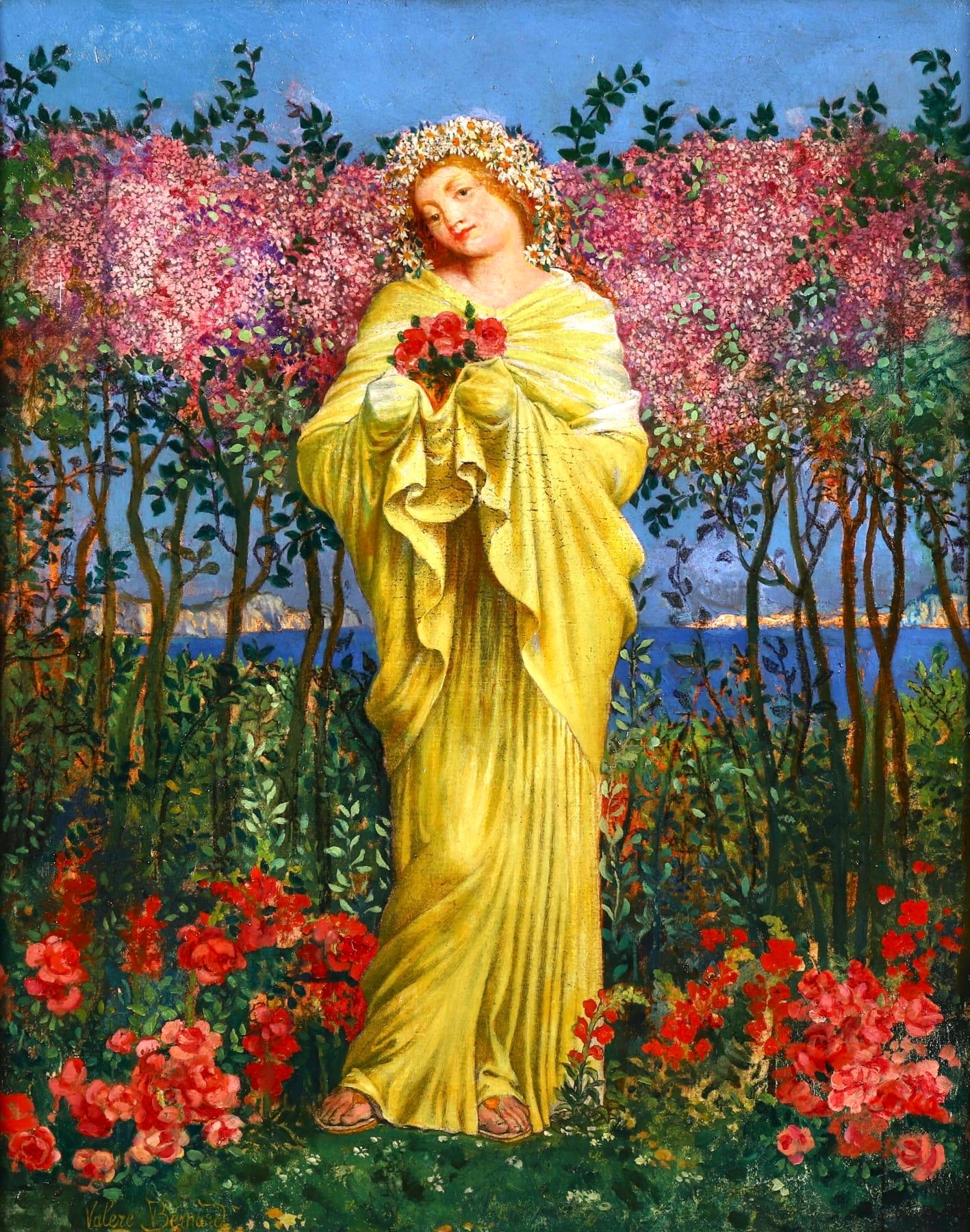 Francois Marius Valere-Bernard Portrait Painting - Picking Flowers - Symbolist Oil, Portrait of Woman in Landscape - Valere-Bernard