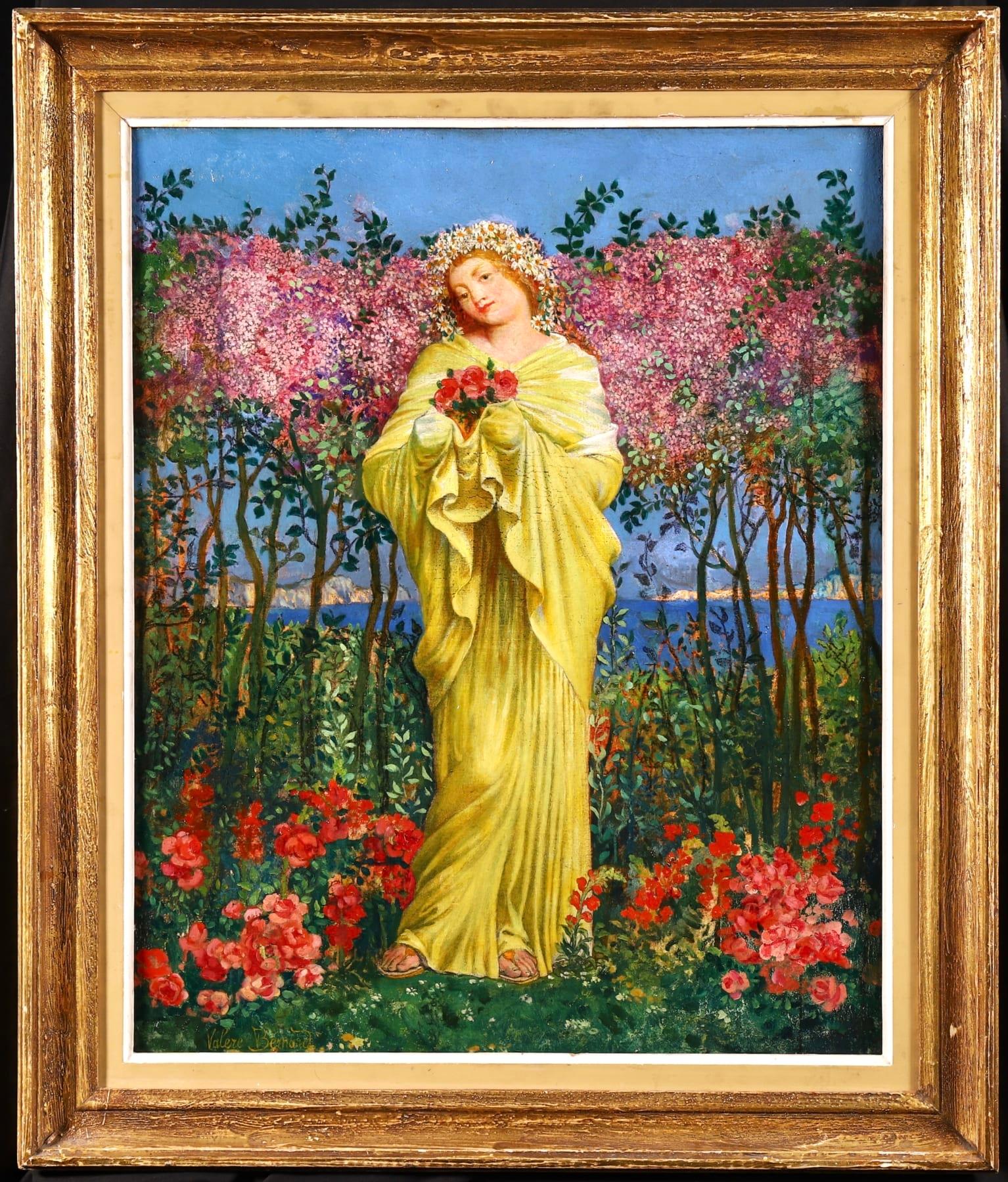 Picking Flowers - Symbolist Oil, Portrait of Woman in Landscape - Valere-Bernard - Painting by Francois Marius Valere-Bernard