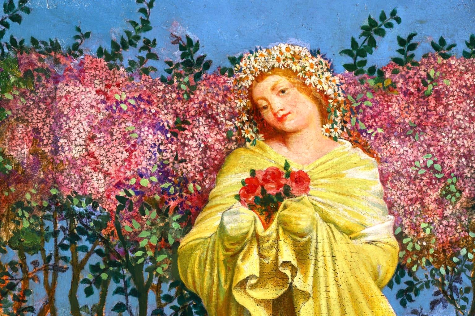 Picking Flowers - Symbolist Oil, Portrait of Woman in Landscape - Valere-Bernard 1