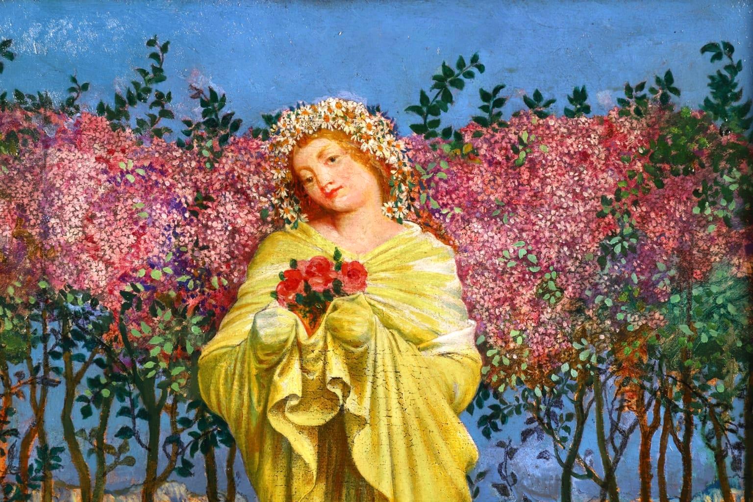 Picking Flowers - Symbolist Oil, Portrait of Woman in Landscape - Valere-Bernard 2