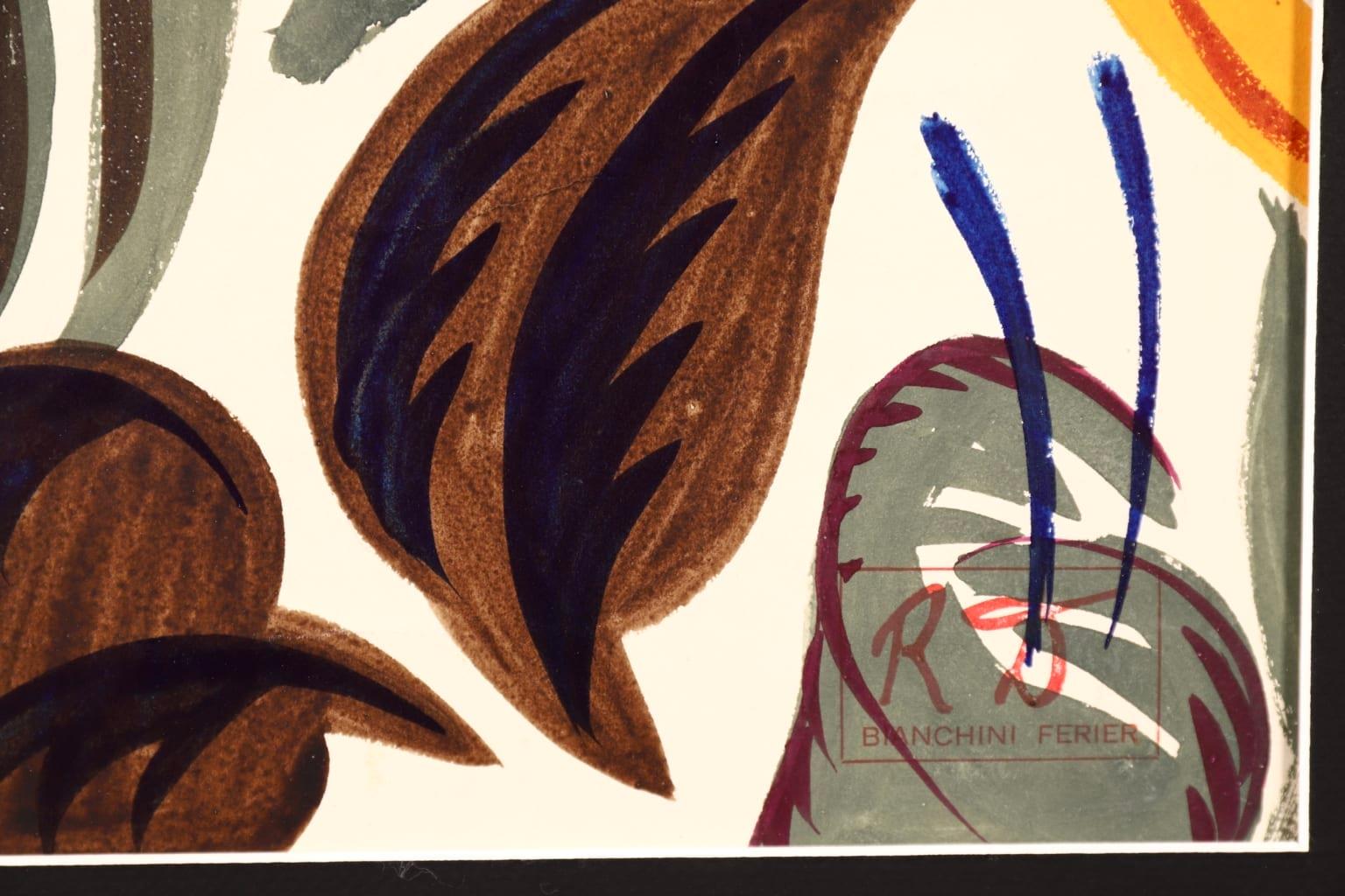 Une très belle aquarelle et gouache botanique sur papier du peintre fauve français Raoul Dufy. L'œuvre représente des fleurs jaunes, rouges et vertes, avec des feuilles brunes et vertes. Cette œuvre a été exécutée par Dufy pour la Maison Bianchini