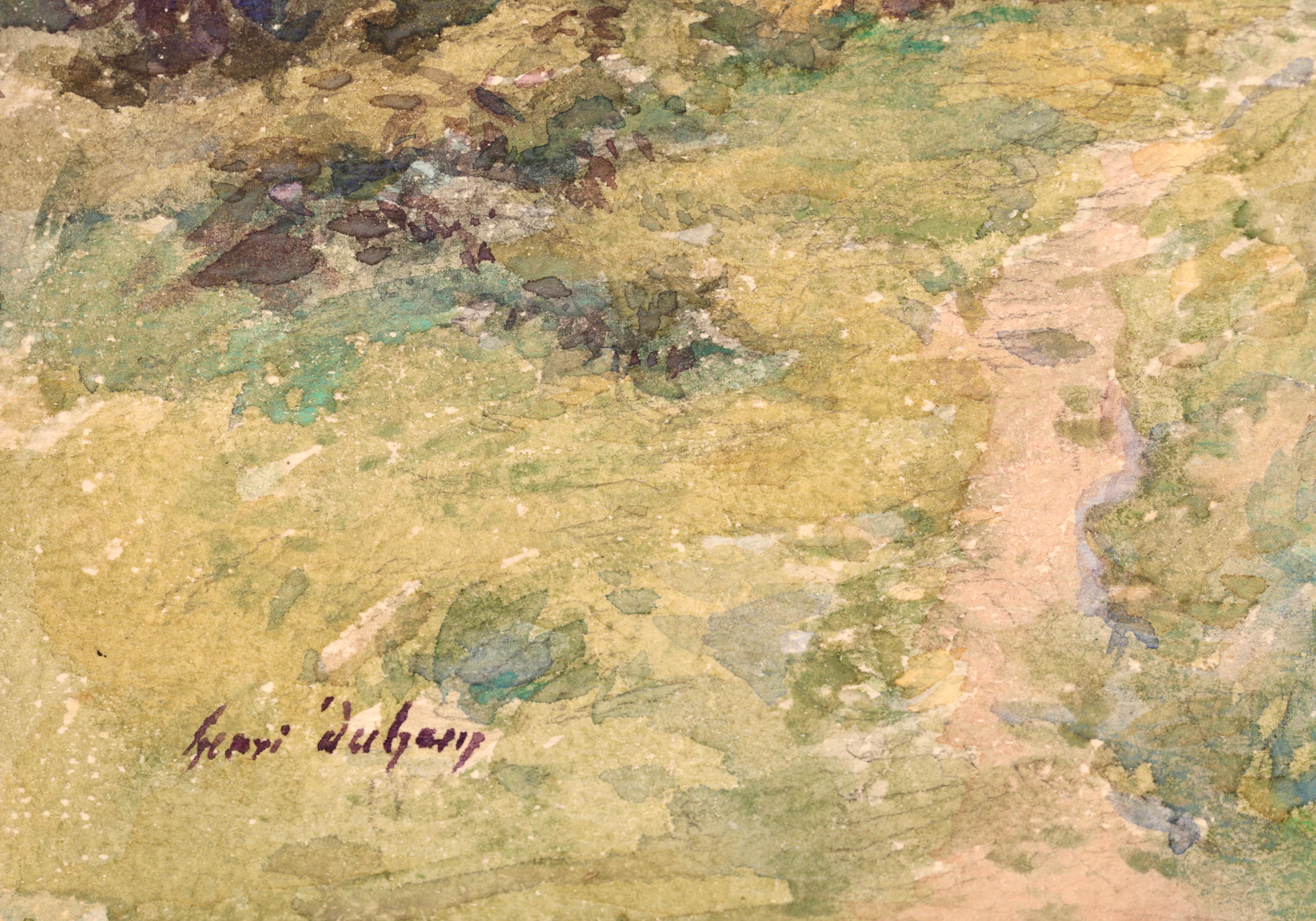 The Boathouse - Impressionistisches Aquarell, Figur in Landschaft von Henri Duhem im Angebot 1