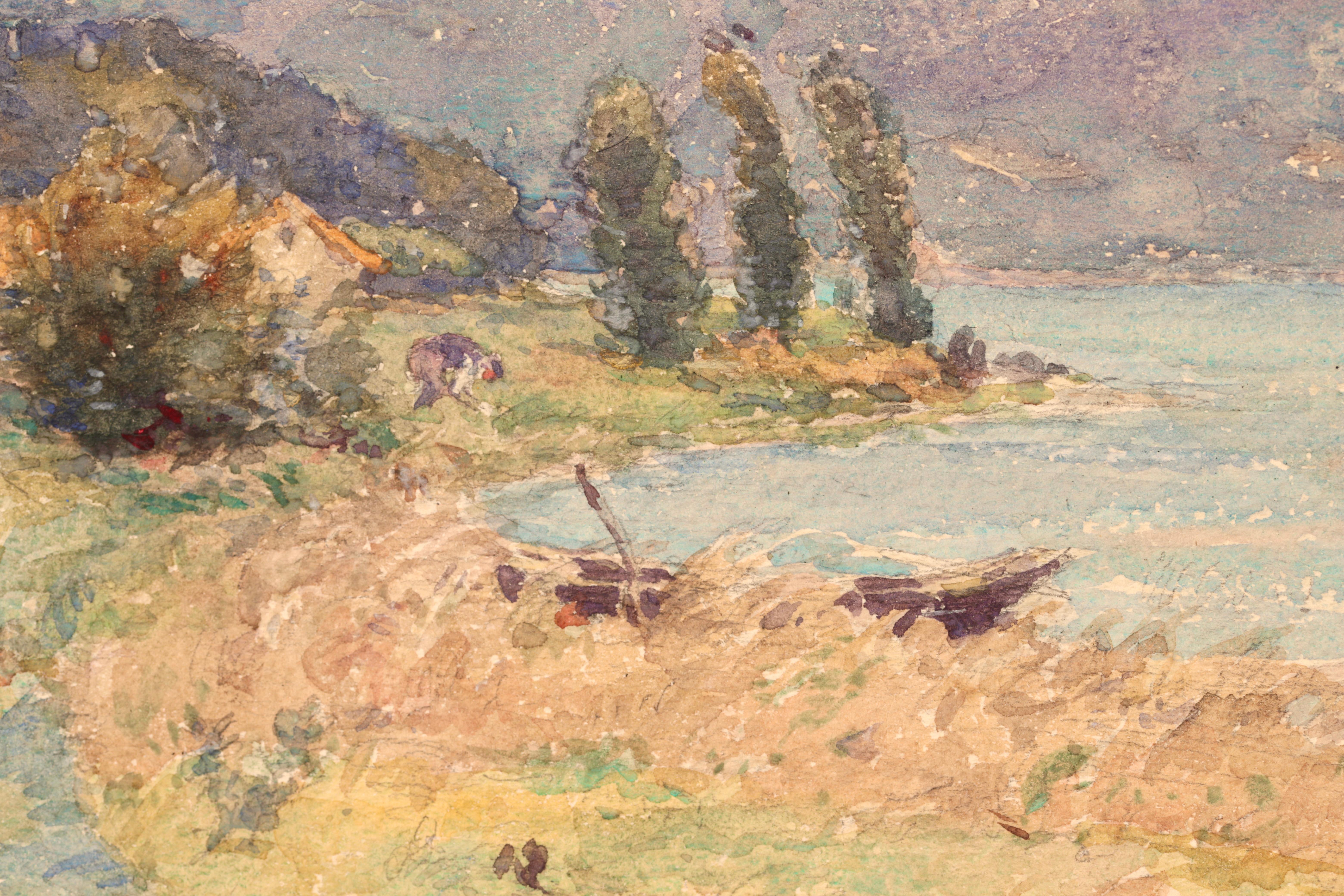 Signed impressionist figure in landscape watercolour on paper circa 1920 by Henri Duhem. This beautiful work depicts a view of a lake with banks of green trees beside it and blue mountains beyond. There is a man beside a boat house in the centre of