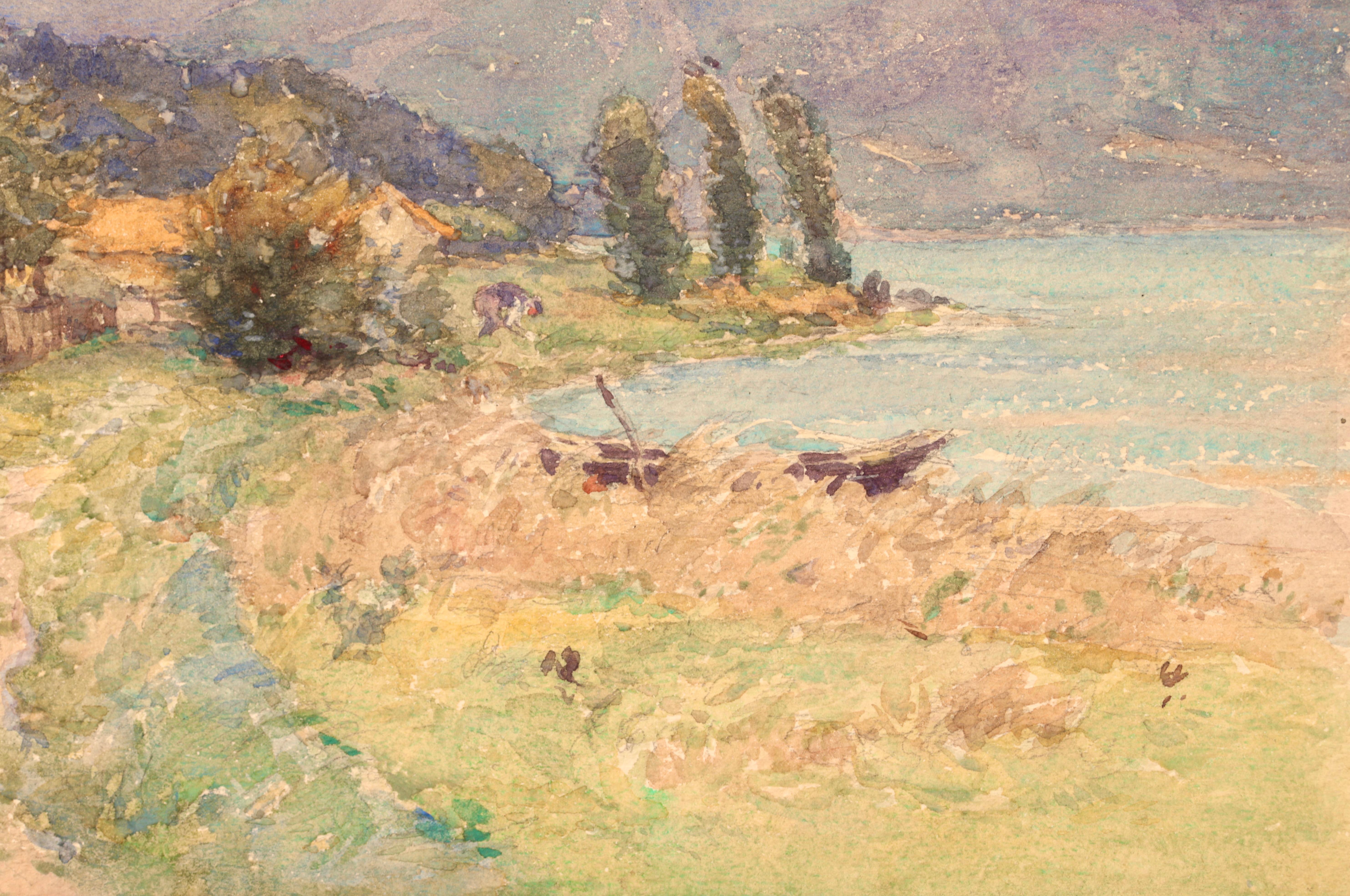 The Boathouse - Impressionistisches Aquarell, Figur in Landschaft von Henri Duhem im Angebot 7