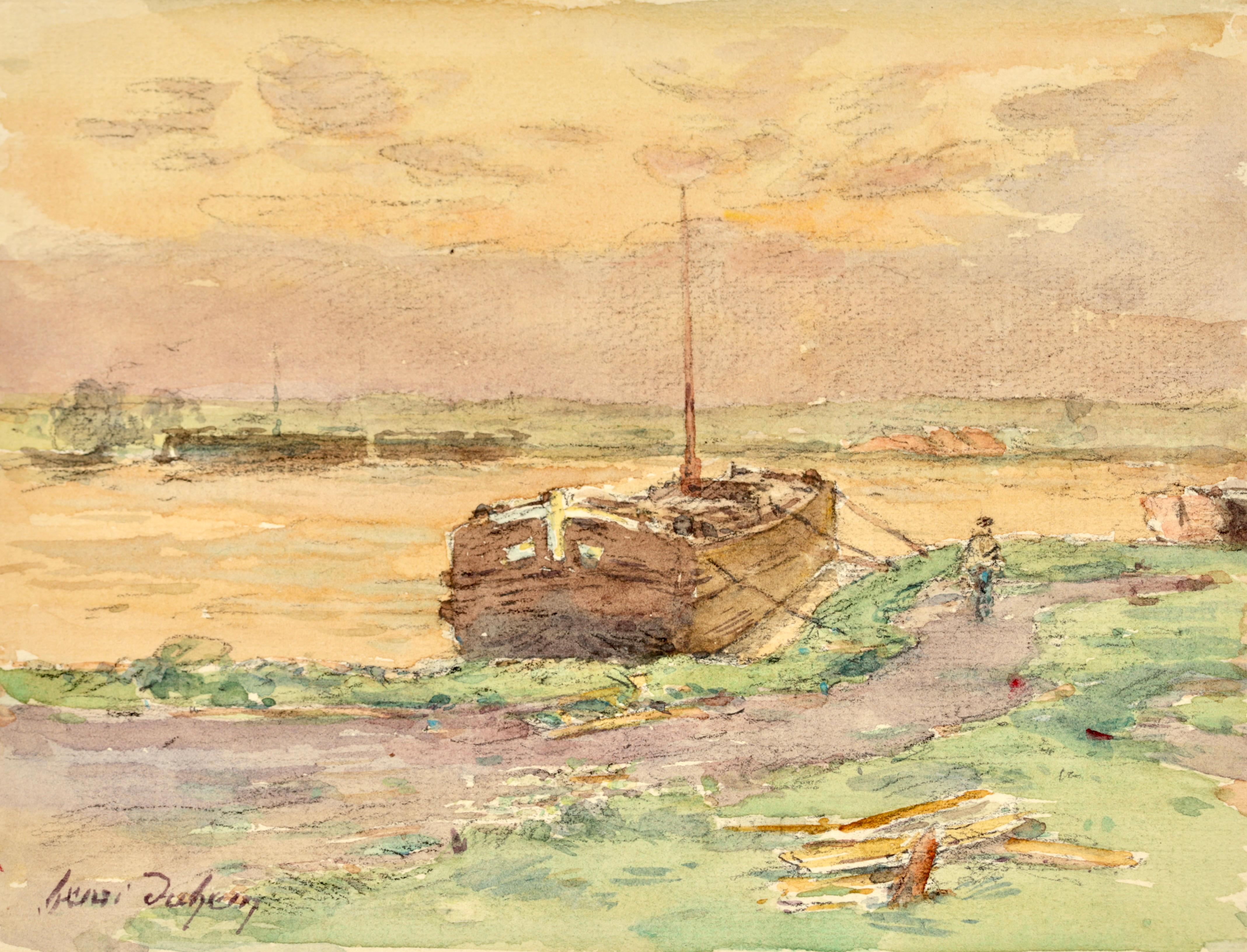 Signed impressionist landscape watercolour on paper circa 1920 by Henri Duhem. The piece depicts a figure walking along a path beside a boat moored on the river side. The sun is setting overhead as the evening draws in creating an orange-yellow sky
