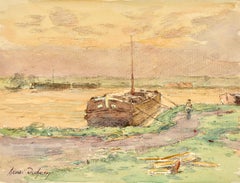 Sur la riviere - Impressionist Watercolor, Figure in Landscape by Henri Duhem