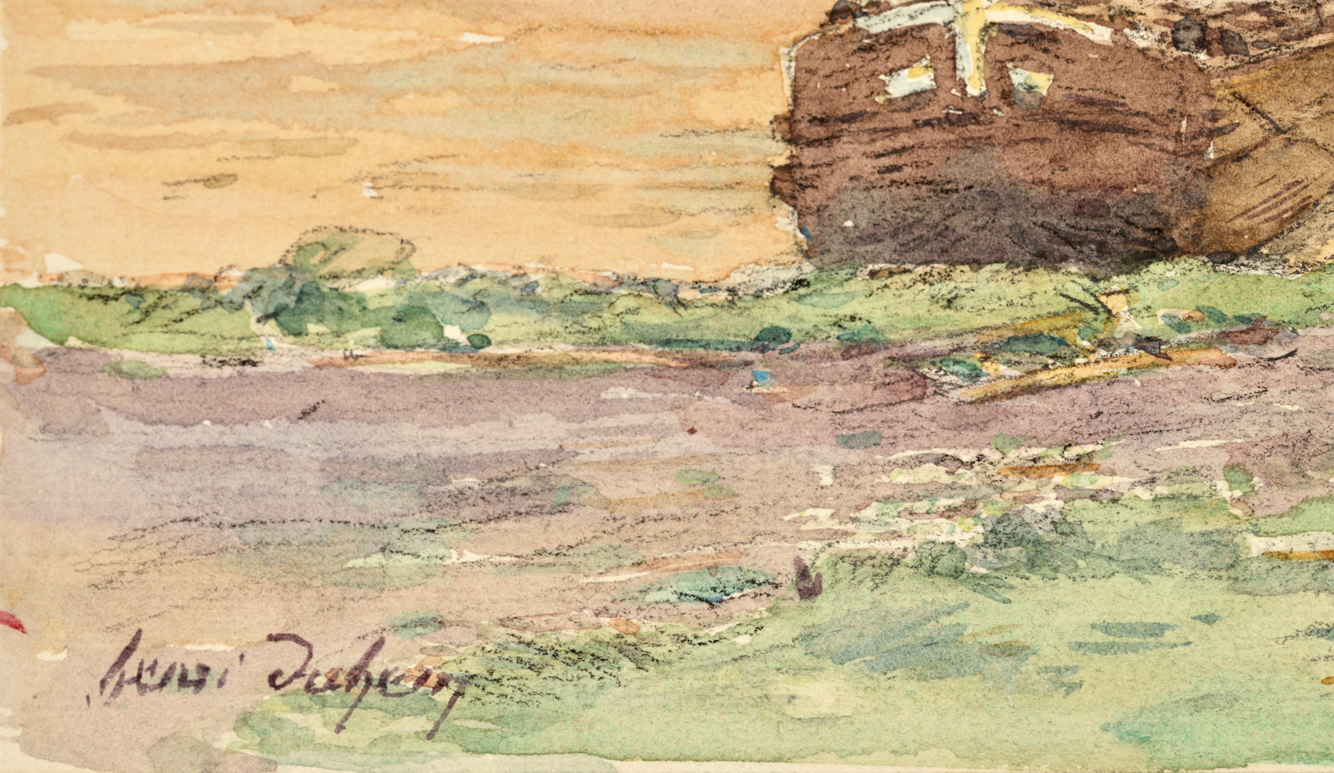Sur la riviere - Impressionist Watercolor, Figure in Landscape by Henri Duhem For Sale 1