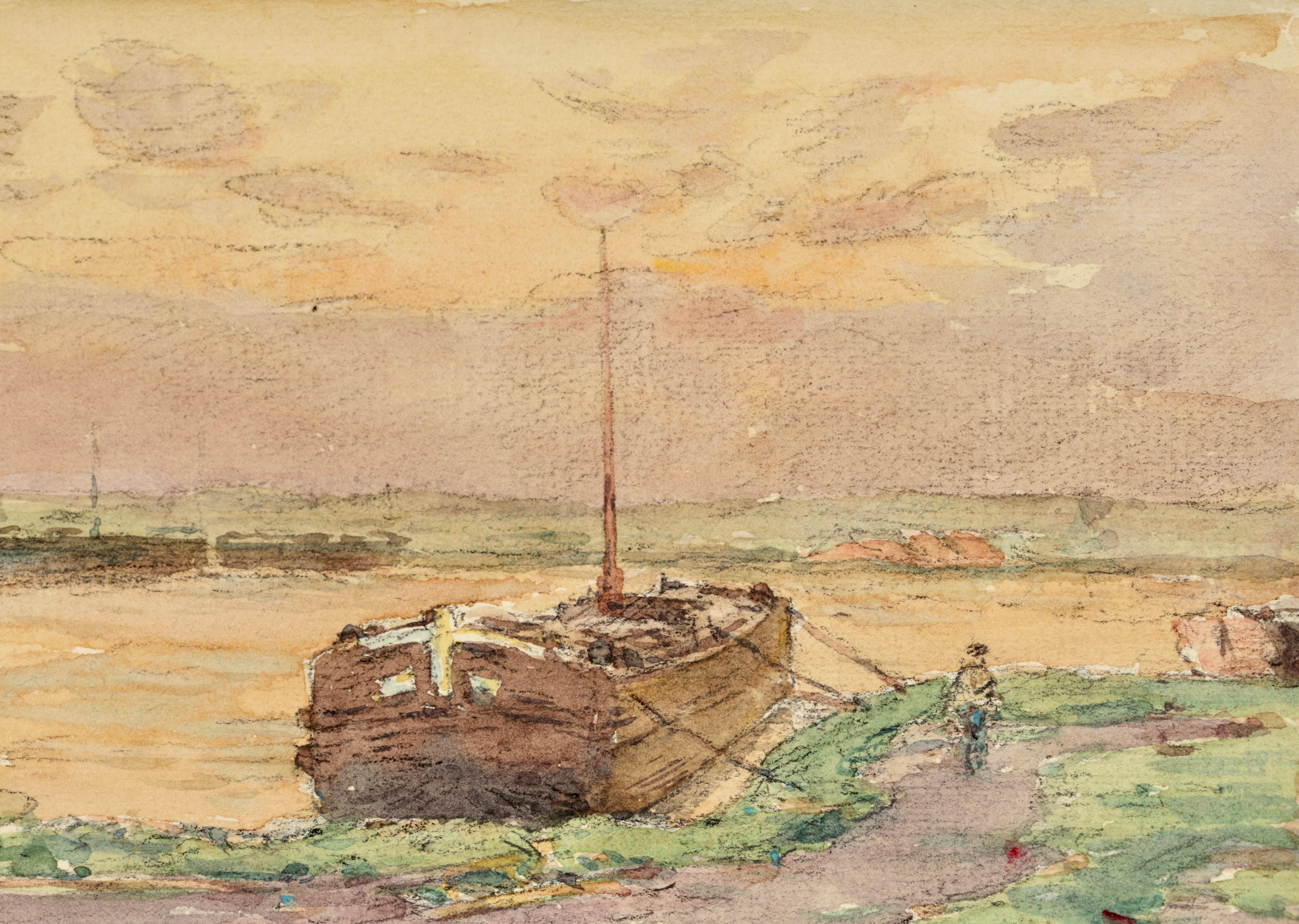 Sur la riviere - Impressionist Watercolor, Figure in Landscape by Henri Duhem For Sale 5