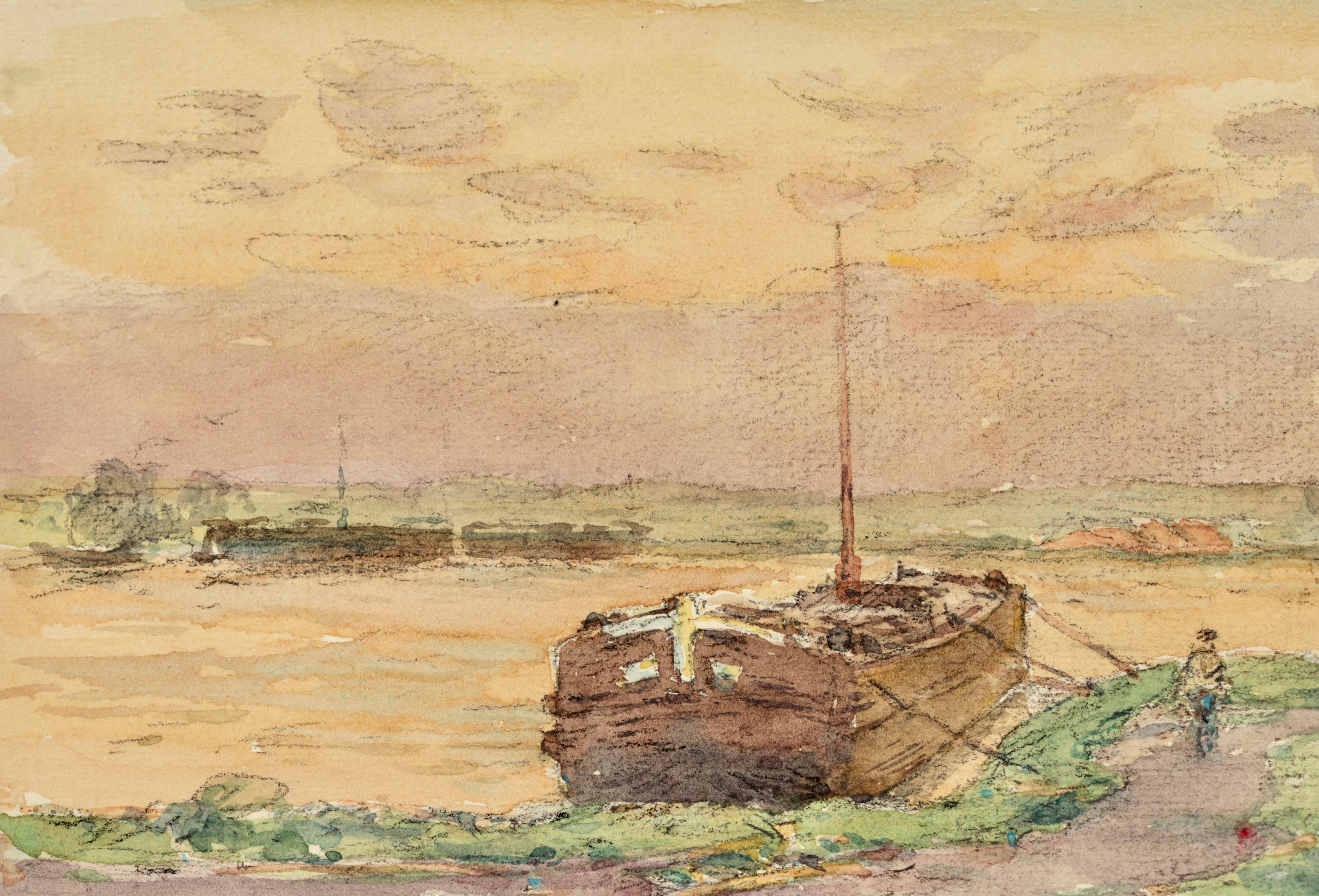 Sur la riviere - Impressionist Watercolor, Figure in Landscape by Henri Duhem For Sale 4