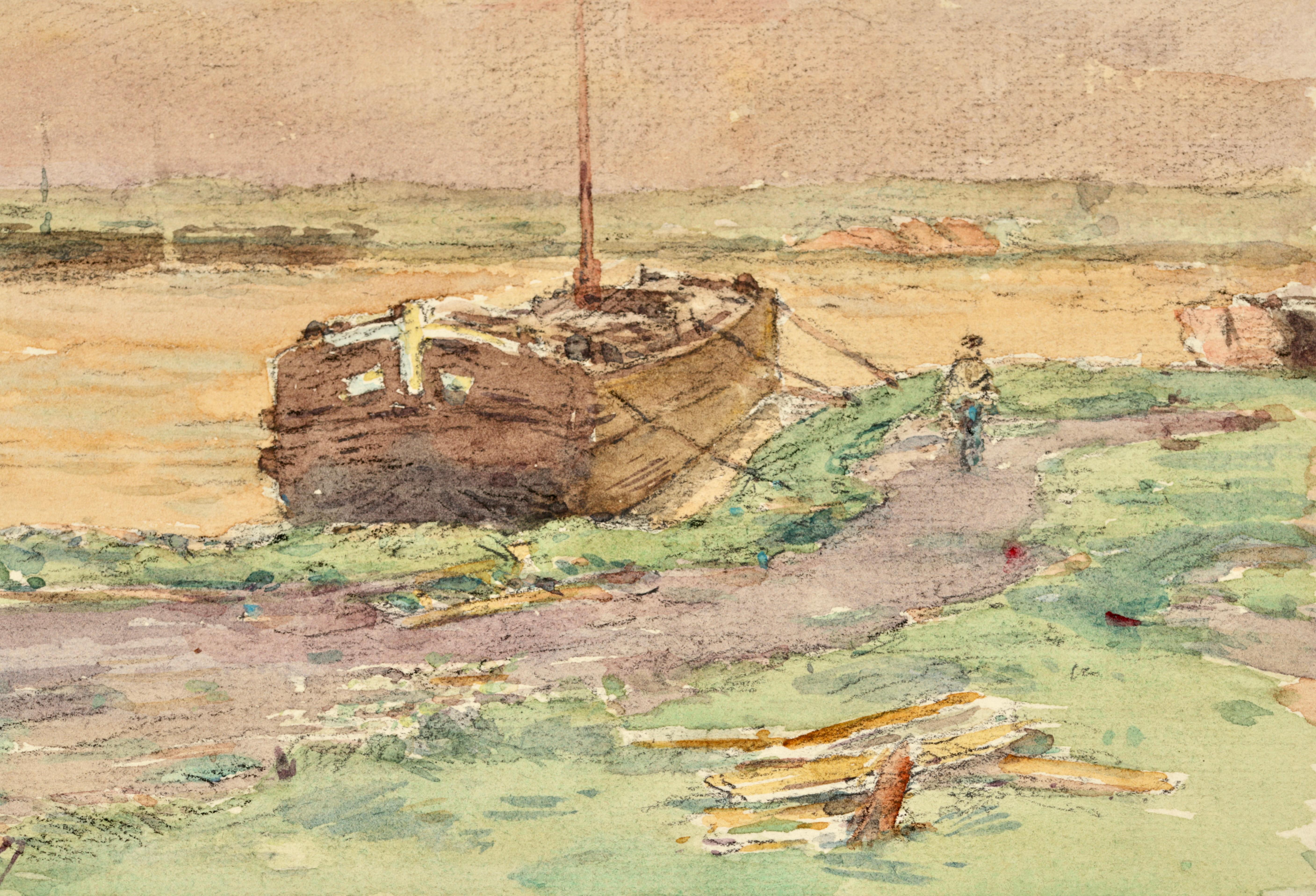 Sur la riviere - Impressionist Watercolor, Figure in Landscape by Henri Duhem For Sale 2