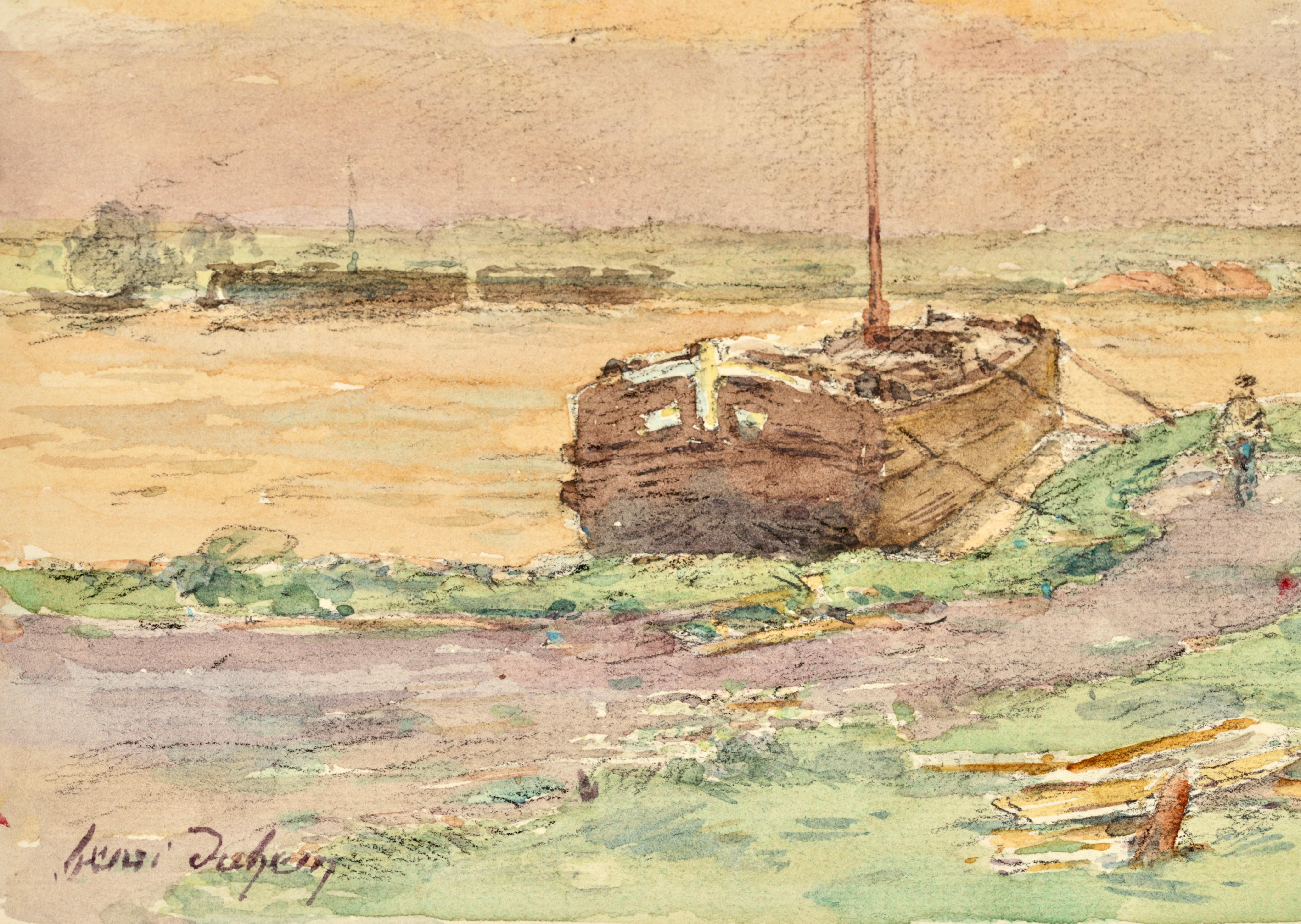 Sur la riviere - Impressionist Watercolor, Figure in Landscape by Henri Duhem For Sale 3