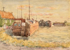 The Boathouse - Impressionist Watercolor, River Landscape by Henri Duhem