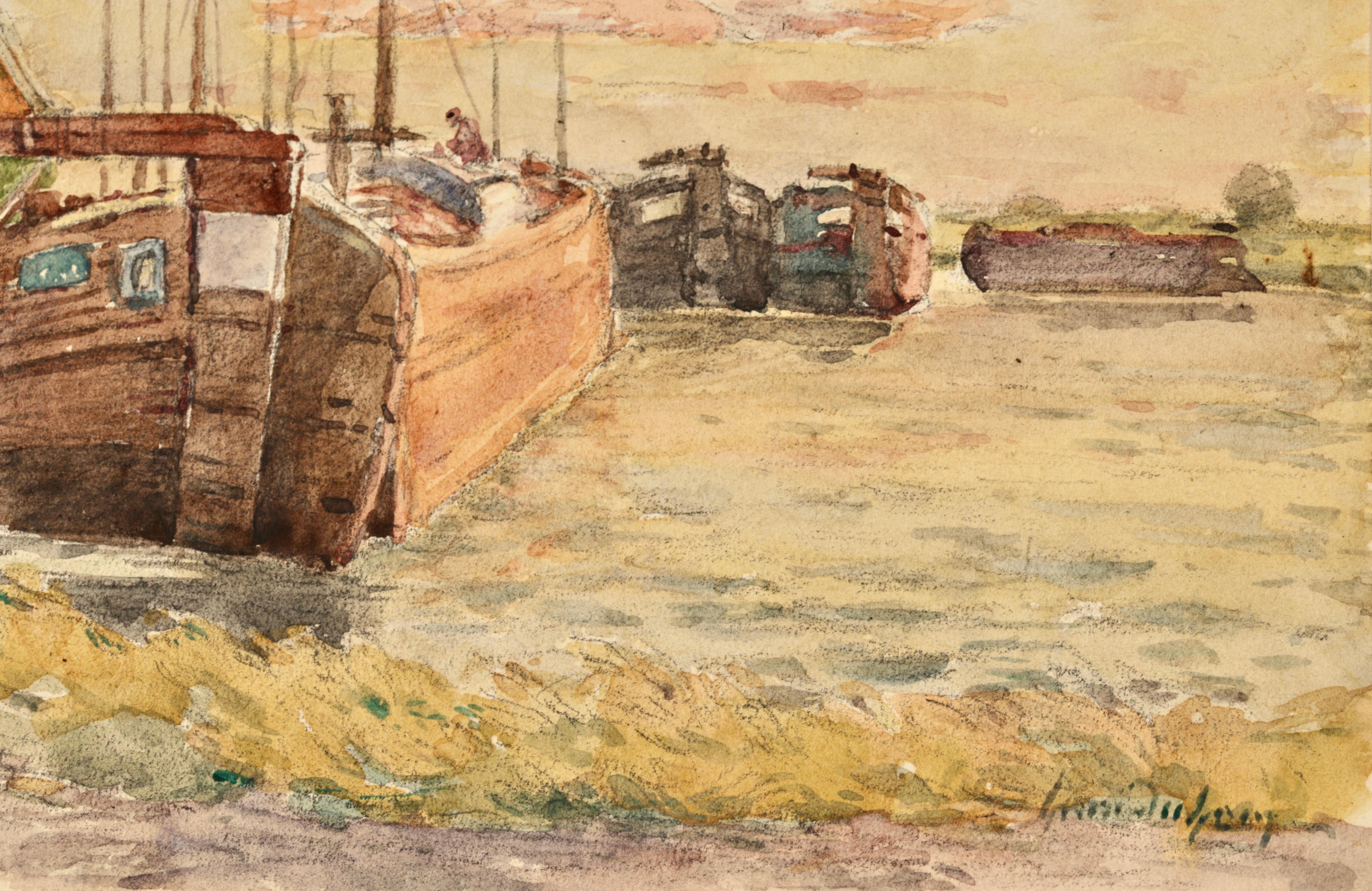 Signierte impressionistische Figuren in Flusslandschaft Aquarell auf Papier um 1920 von Henri Duhem. Das Werk zeigt eine Mutter und ihre Tochter, die an einem sonnigen Tag händchenhaltend einen Weg neben einem grünen Bootshaus entlanggehen. Ein Mann