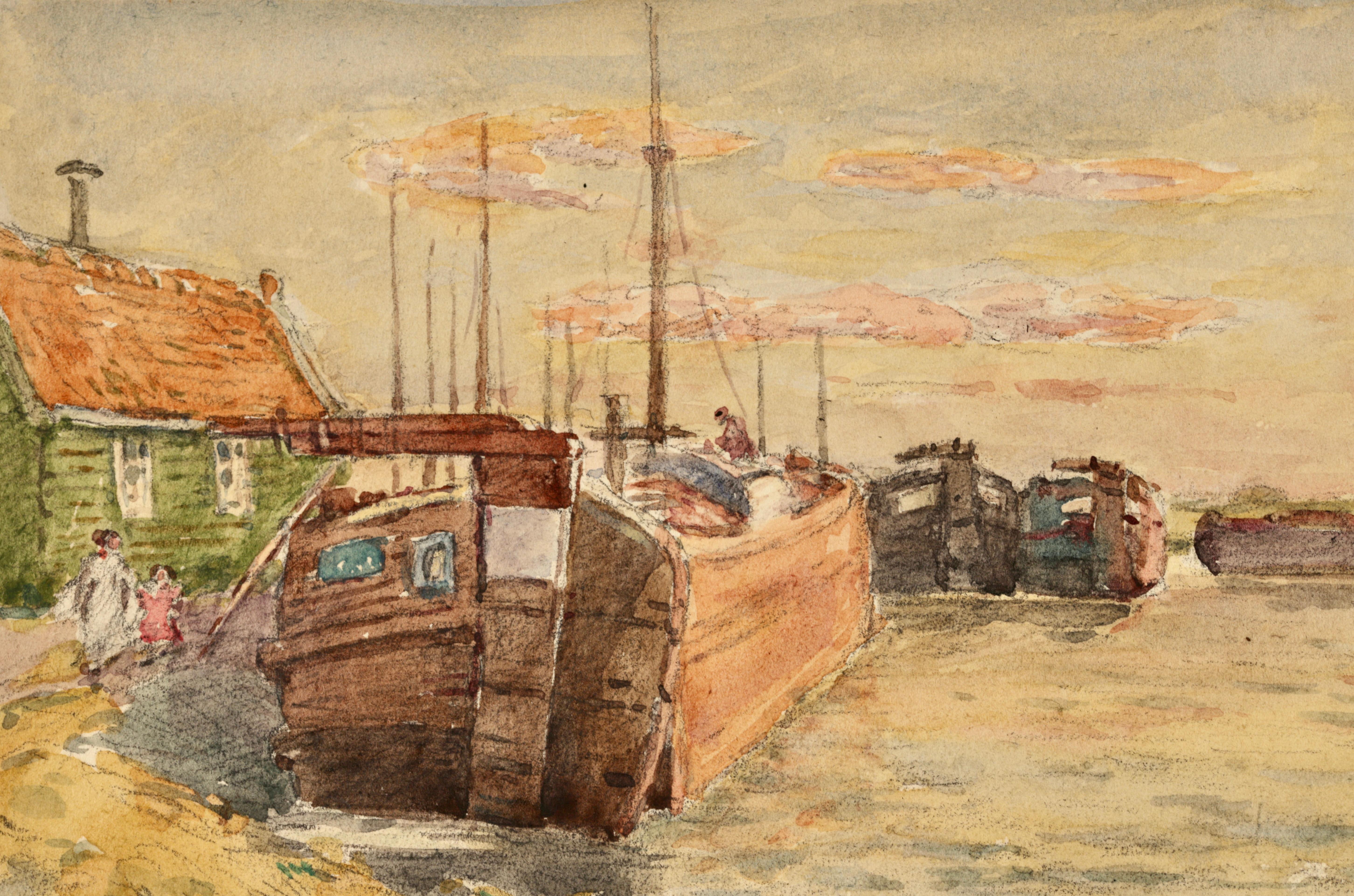 The Boathouse - Impressionist Watercolor, River Landscape by Henri Duhem For Sale 4