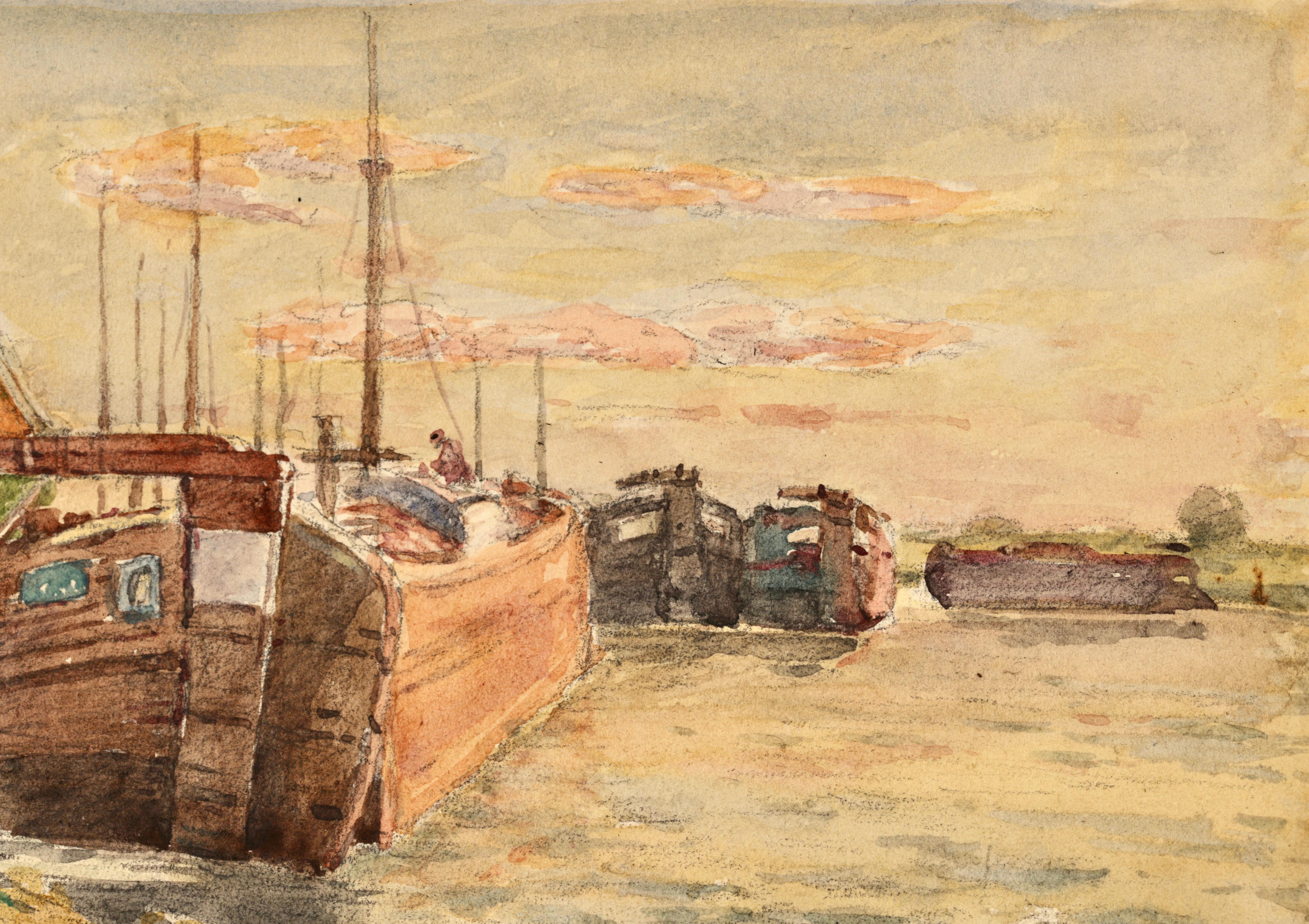 The Boathouse - Impressionist Watercolor, River Landscape by Henri Duhem For Sale 5