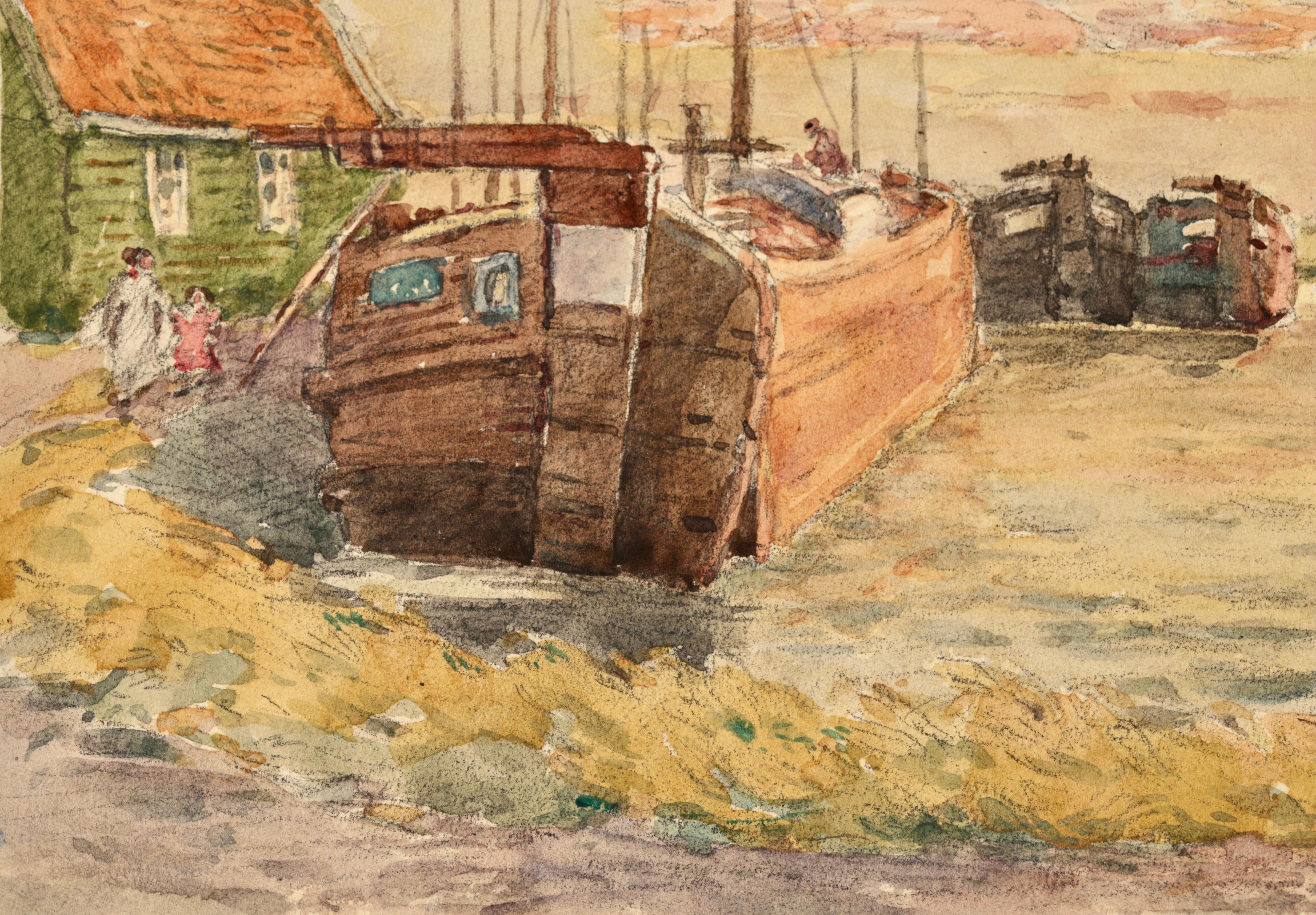 The Boathouse - Impressionist Watercolor, River Landscape by Henri Duhem For Sale 3