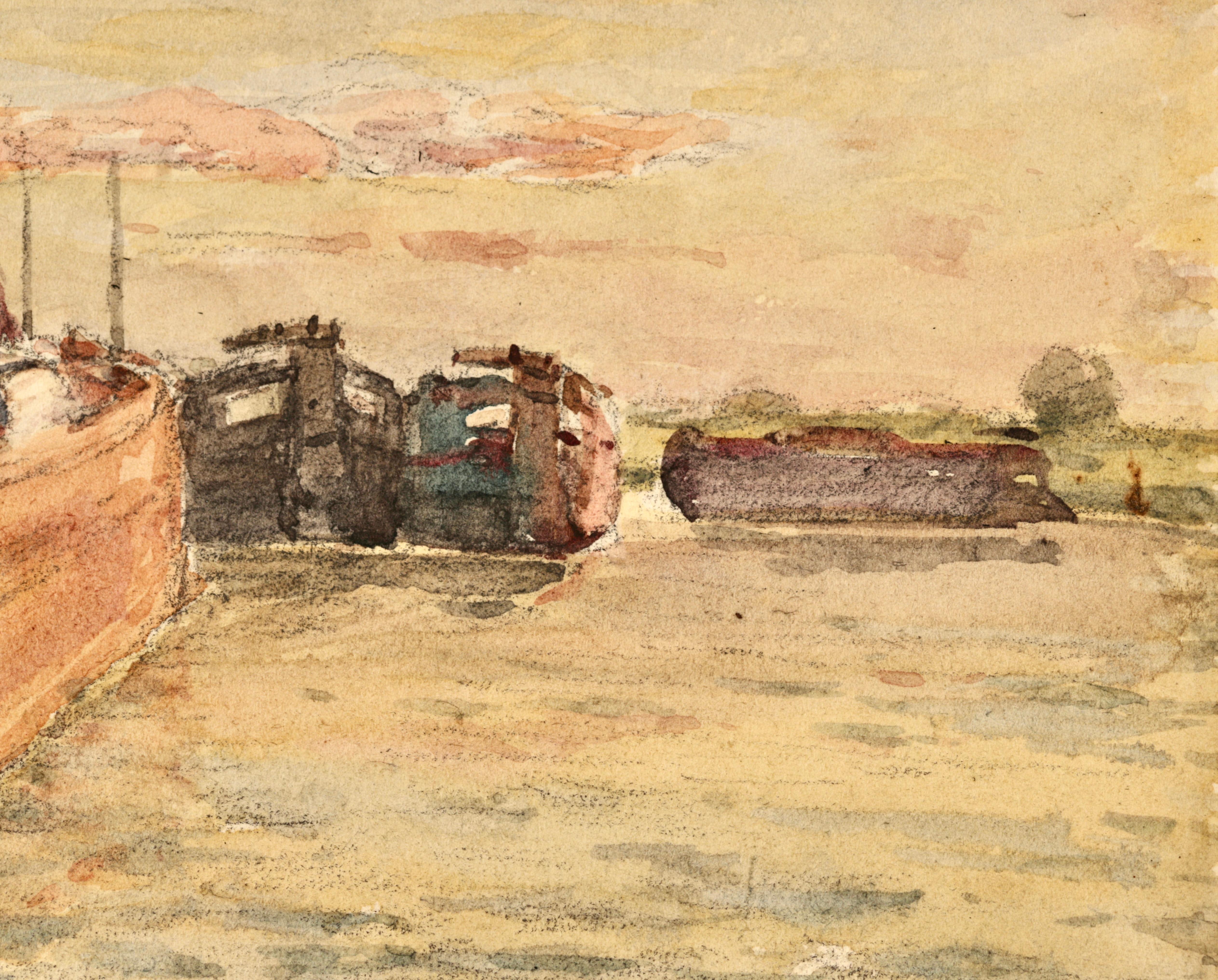 The Boathouse - Impressionist Watercolor, River Landscape by Henri Duhem For Sale 7