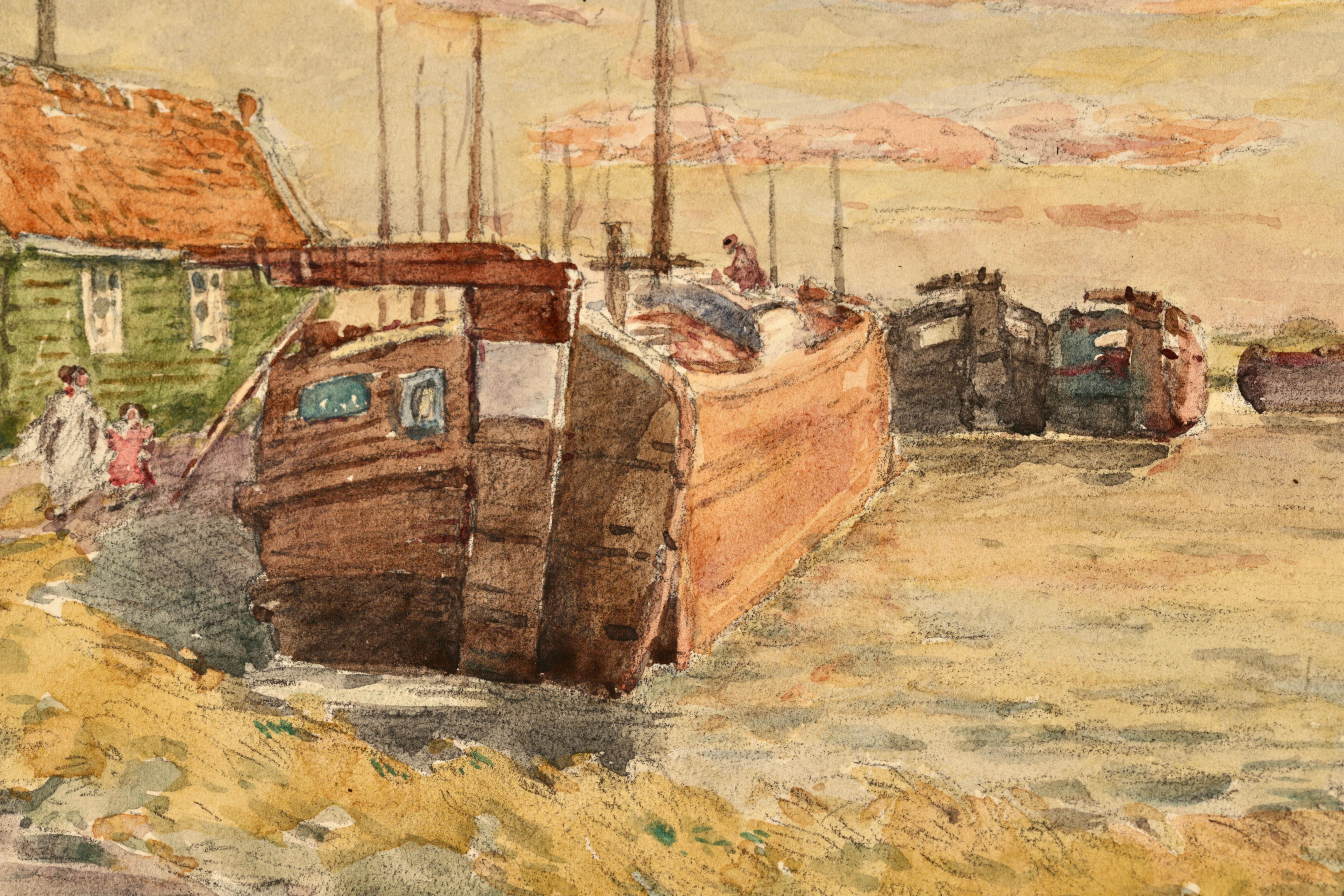 The Boathouse - Impressionist Watercolor, River Landscape by Henri Duhem For Sale 6