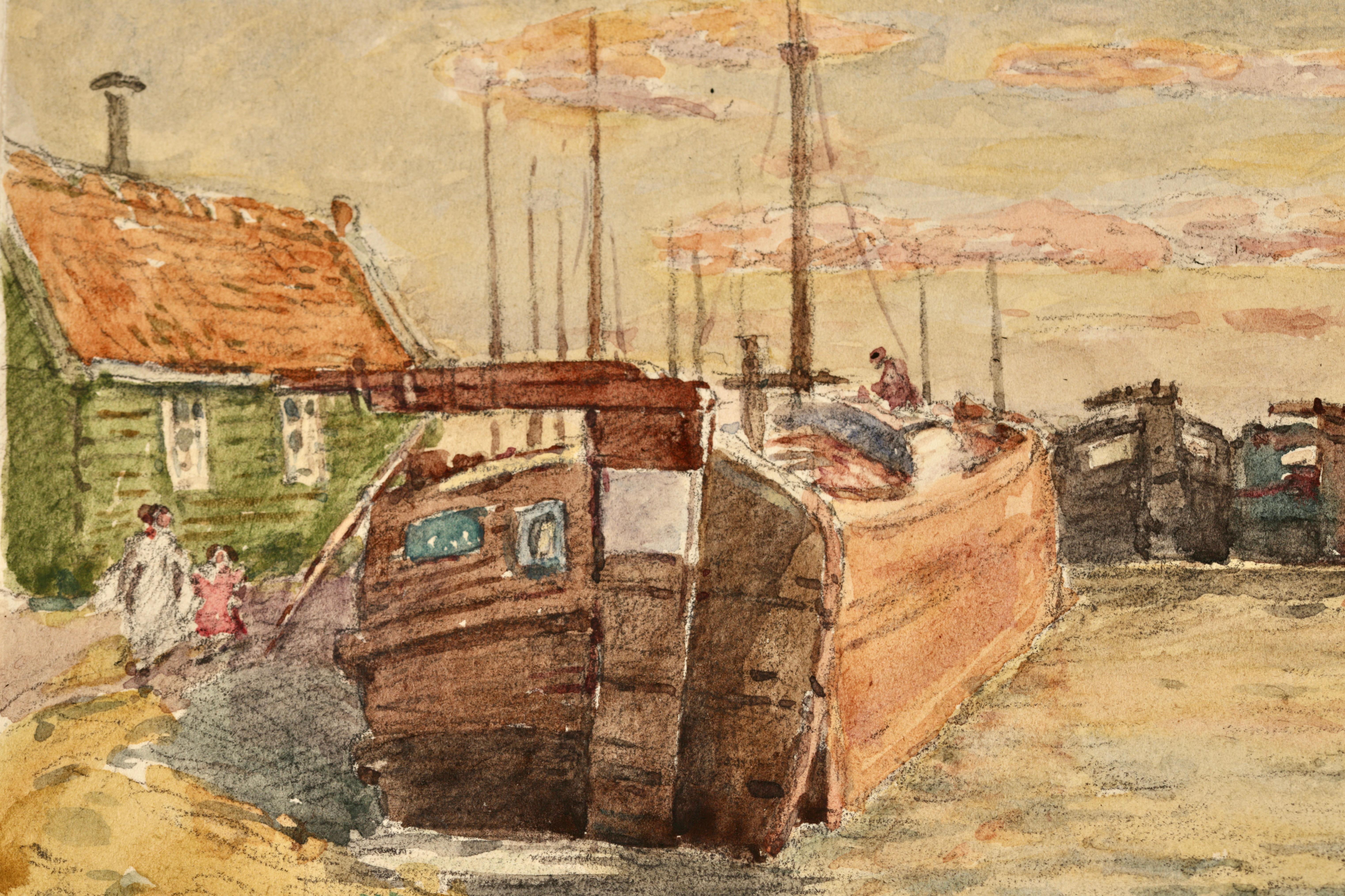 The Boathouse - Impressionist Watercolor, River Landscape by Henri Duhem For Sale 8