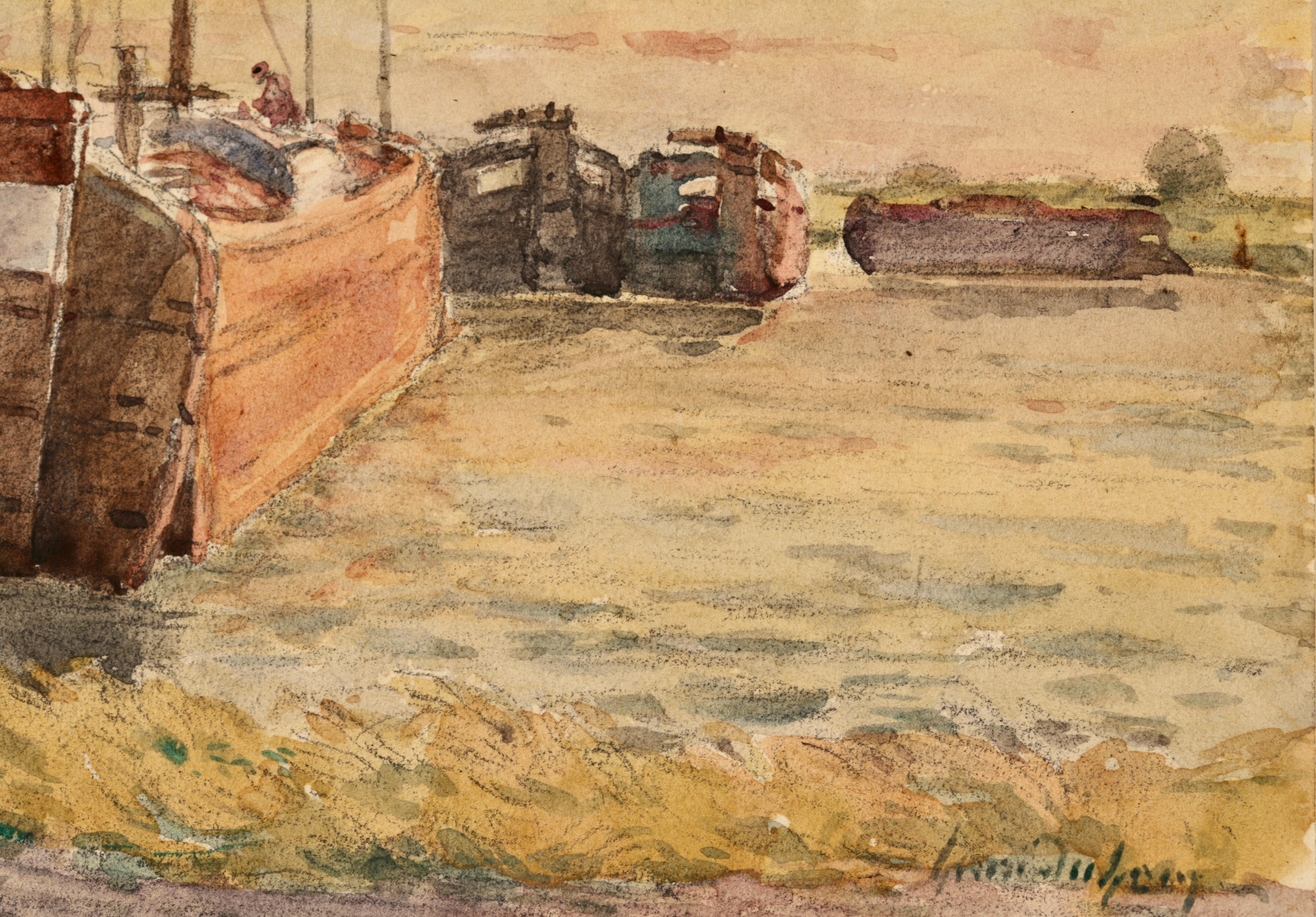 The Boathouse - Impressionist Watercolor, River Landscape by Henri Duhem For Sale 9