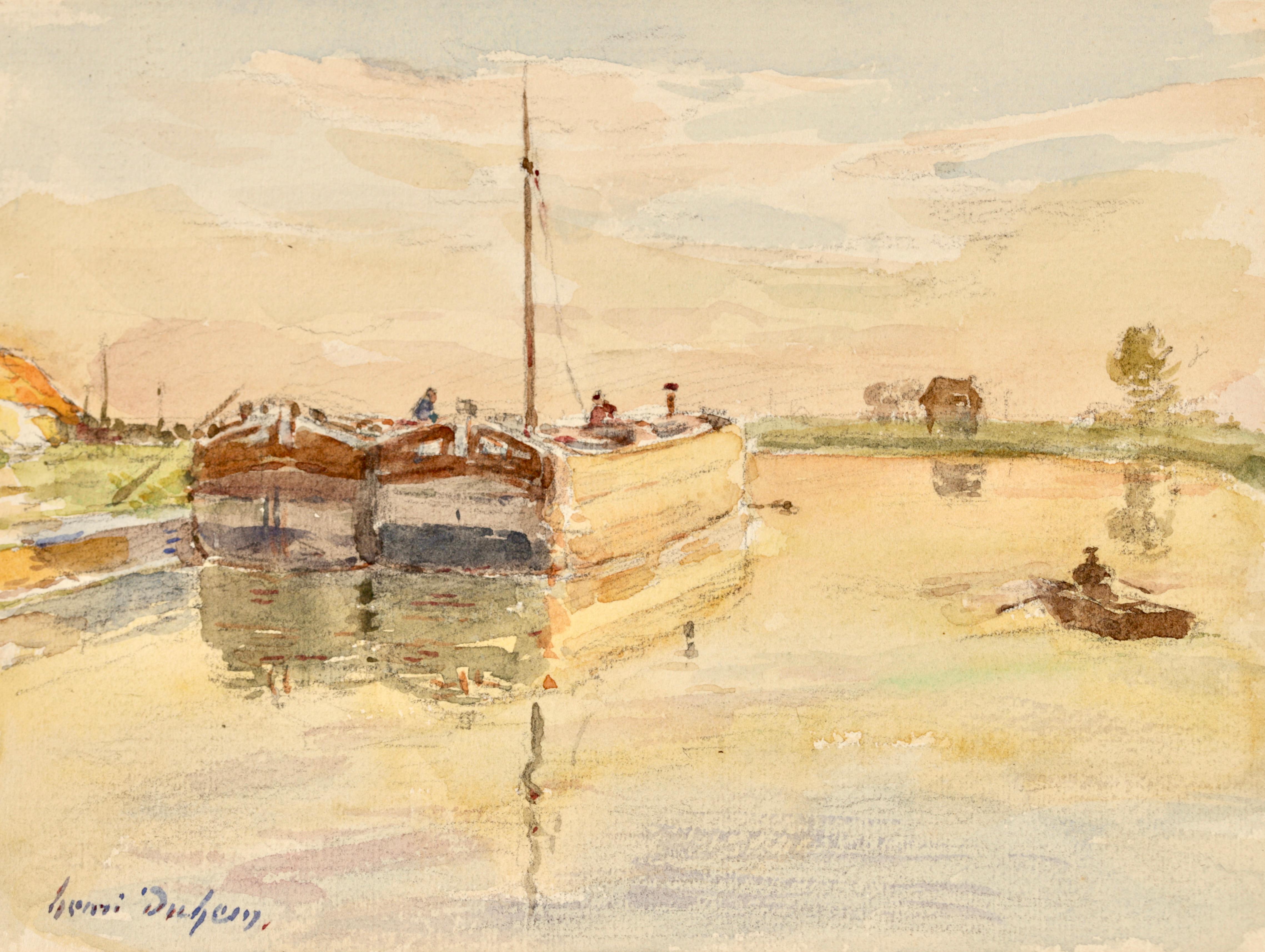 Aquarelle impressionniste signée, personnages dans un paysage de rivière, sur papier, vers 1920, par Henri Duhem. Cette belle pièce représente des hommes travaillant sur des barges sur un canal à Douai alors que le soleil se couche en laissant une