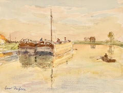 On the Barges - Impressionist Watercolor, Canal Landscape by Henri Duhem