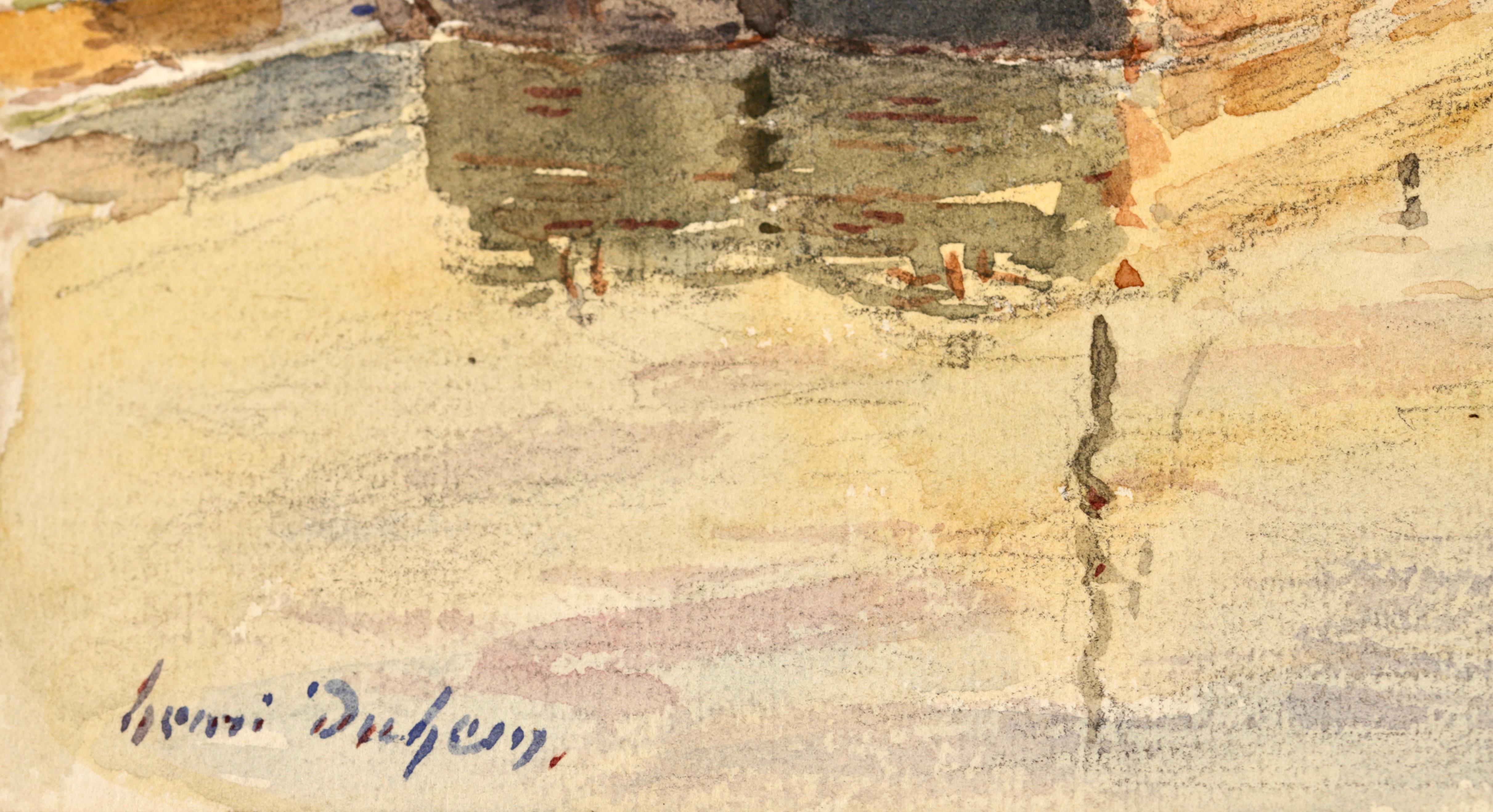 On the Barges - Aquarelle impressionniste, paysage de canal d'Henri Duhem en vente 1