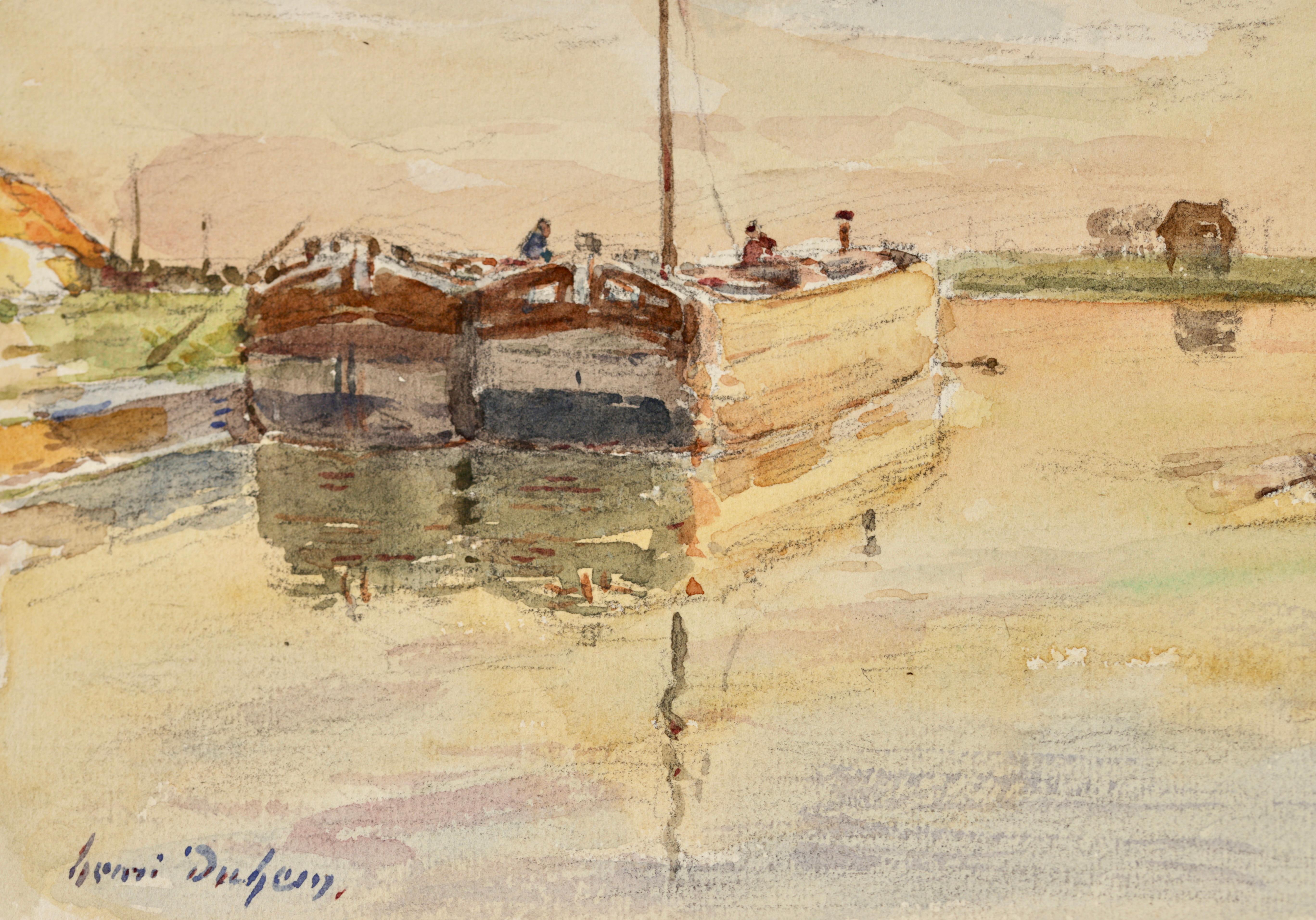 Signed impressionist figures in riverscape watercolour on paper circa 1920 by Henri Duhem. This lovely piece depicts men working on barges on a canal in Douai as the sun sets leaving an orange-yellow glow in the water below. A silhouette of a man in