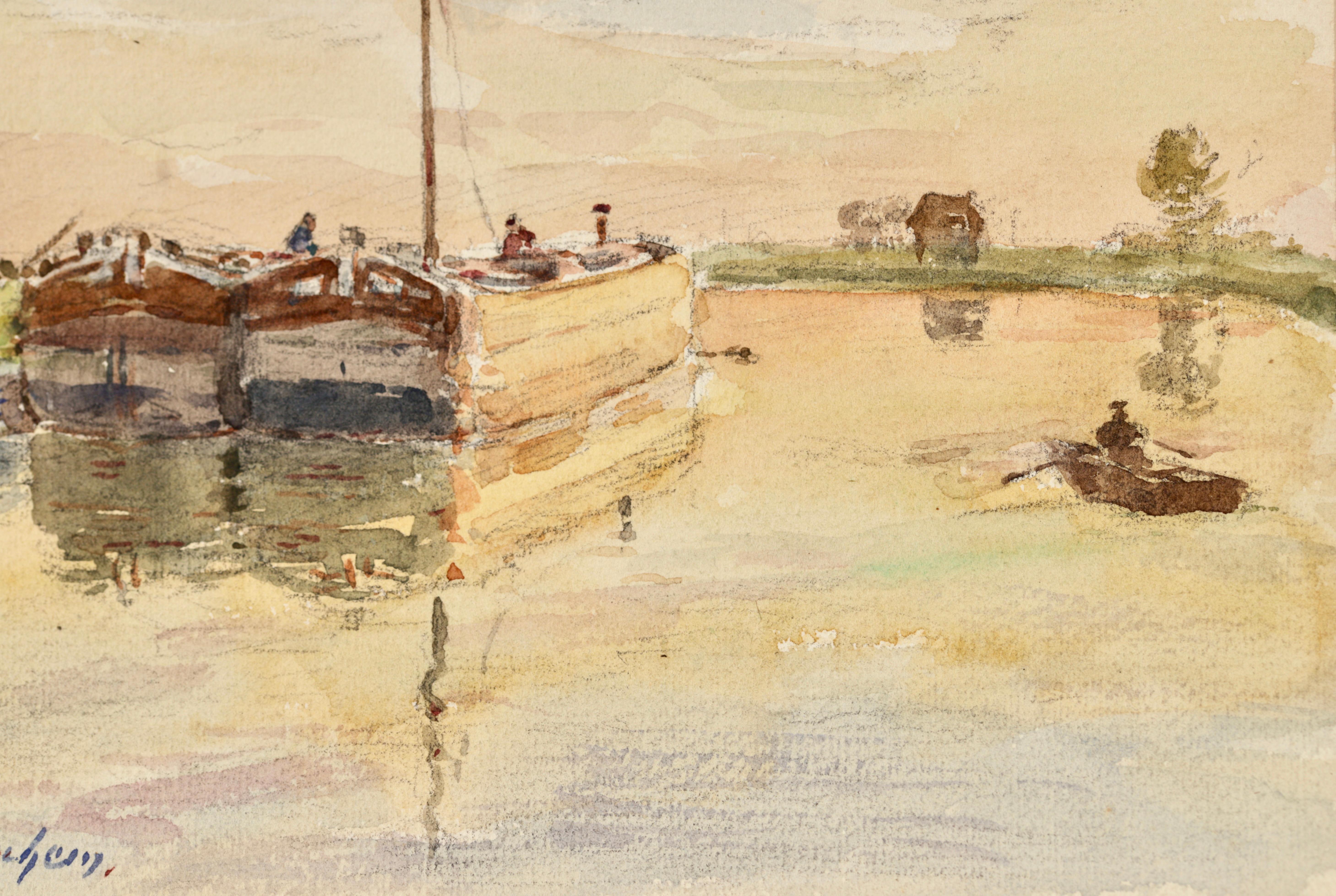 On the Barges - Impressionist Watercolor, Canal Landscape by Henri Duhem For Sale 1
