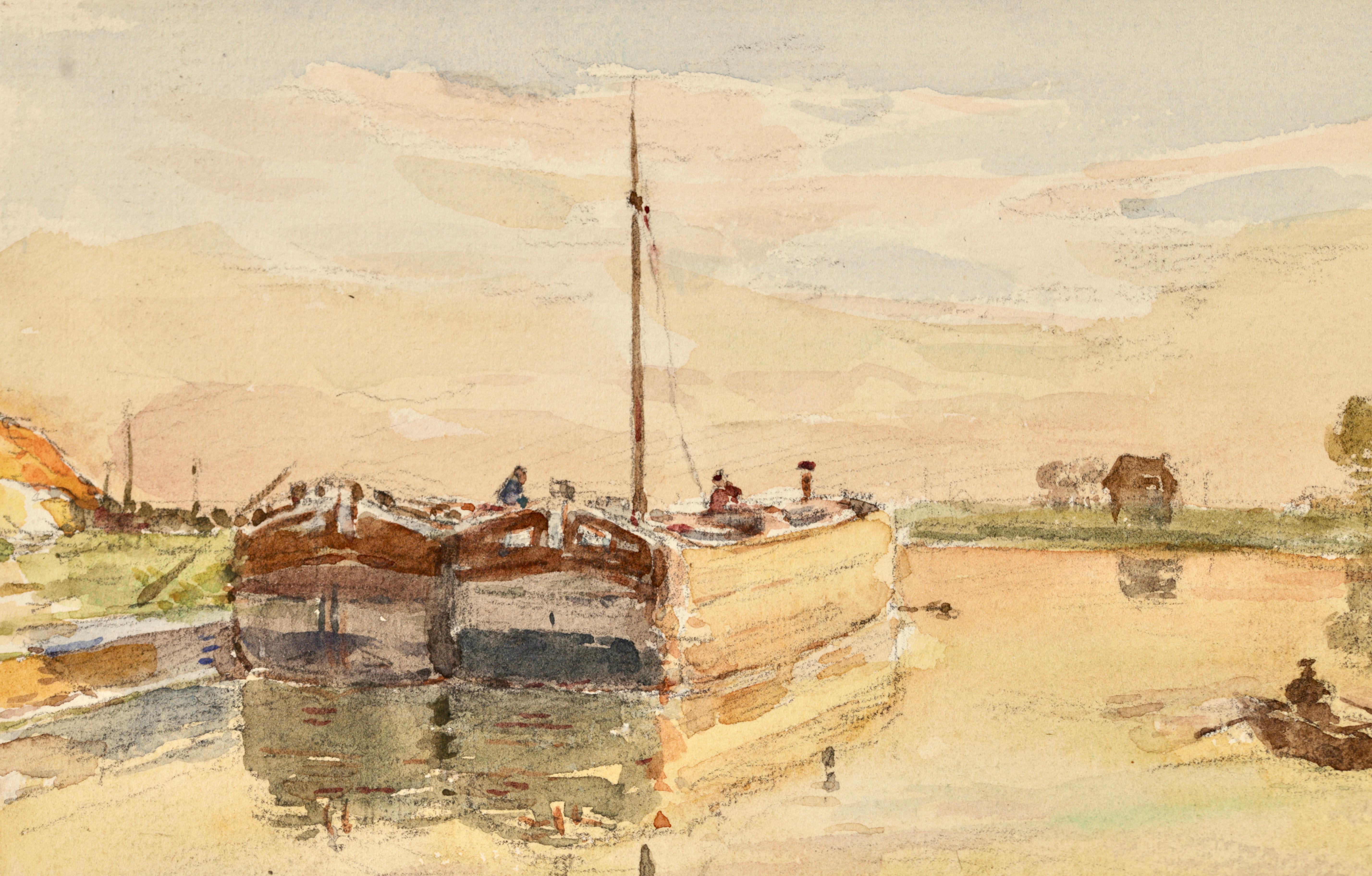 On the Barges - Impressionistisches Aquarell, Canal-Landschaft von Henri Duhem im Angebot 5